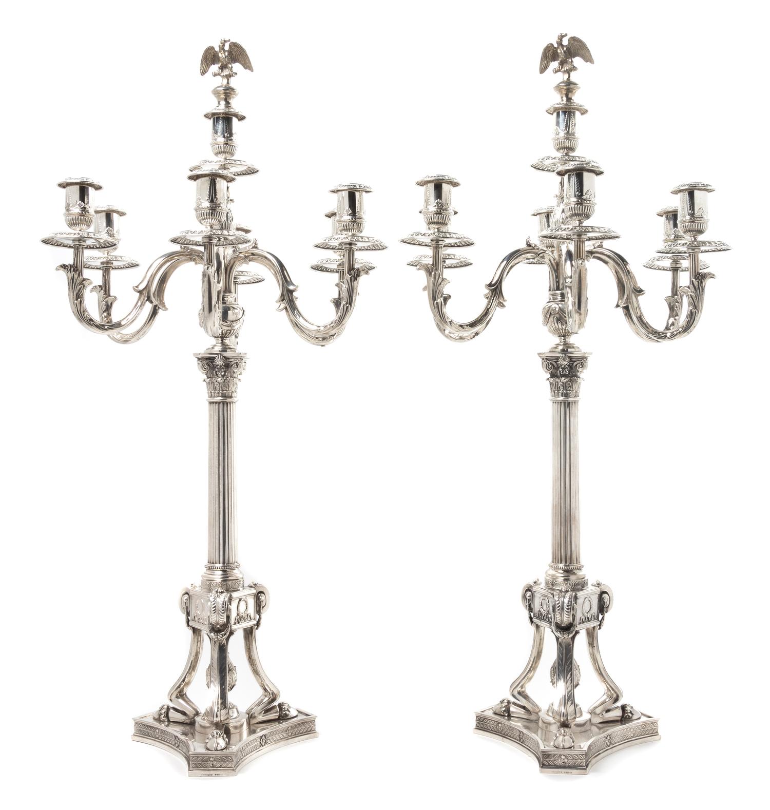 A Pair of German Silver Seven-Light Candelabra, Josef Krischer Nachfolger, Dusseldorf, Early 20th Century, the fluted columnar standard