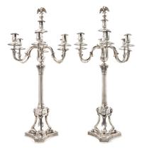 A Pair of German Silver Seven-Light Candelabra, Josef Krischer Nachfolger, Dusseldorf, Early 20th Century, the fluted columnar standard