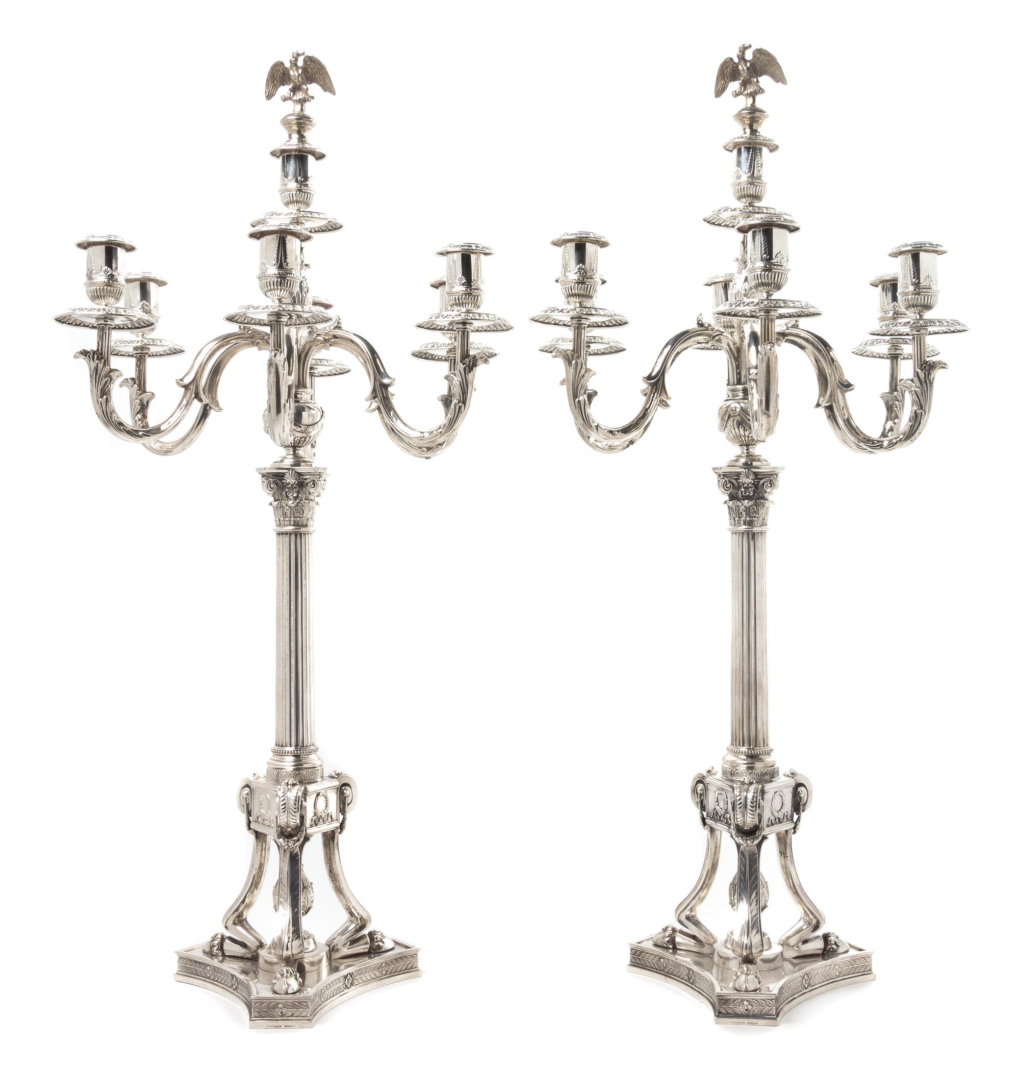 A Pair of German Silver Seven-Light Candelabra, Josef Krischer Nachfolger, Dusseldorf, Early 20th Century, the fluted columnar standard