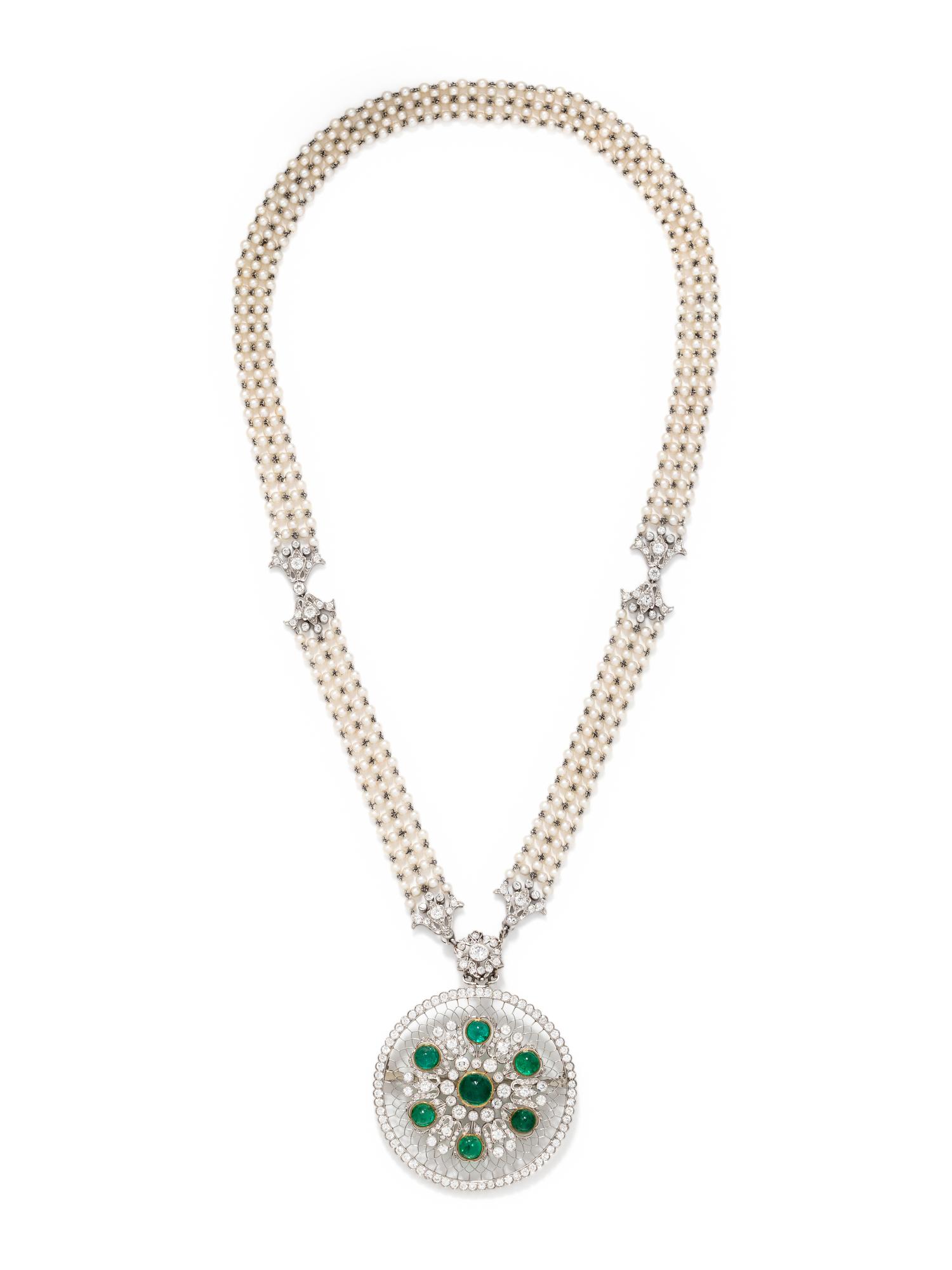 EDWARDIAN, EMERALD, DIAMOND AND SEED PEARL CONVERTIBLE PENDANT/NECKLACE