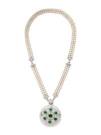 EDWARDIAN, EMERALD, DIAMOND AND SEED PEARL CONVERTIBLE PENDANT/NECKLACE