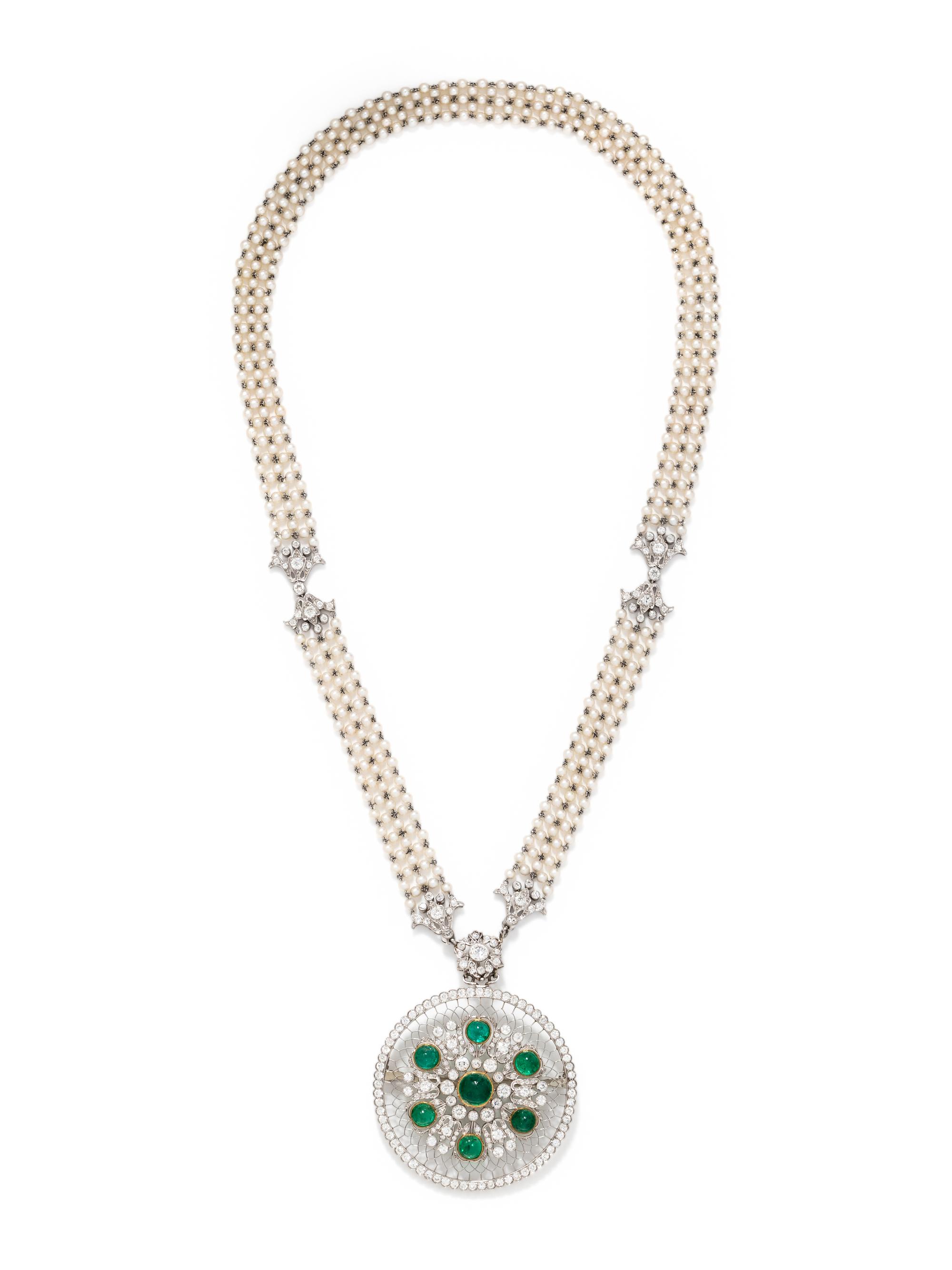 EDWARDIAN, EMERALD, DIAMOND AND SEED PEARL CONVERTIBLE PENDANT/NECKLACE