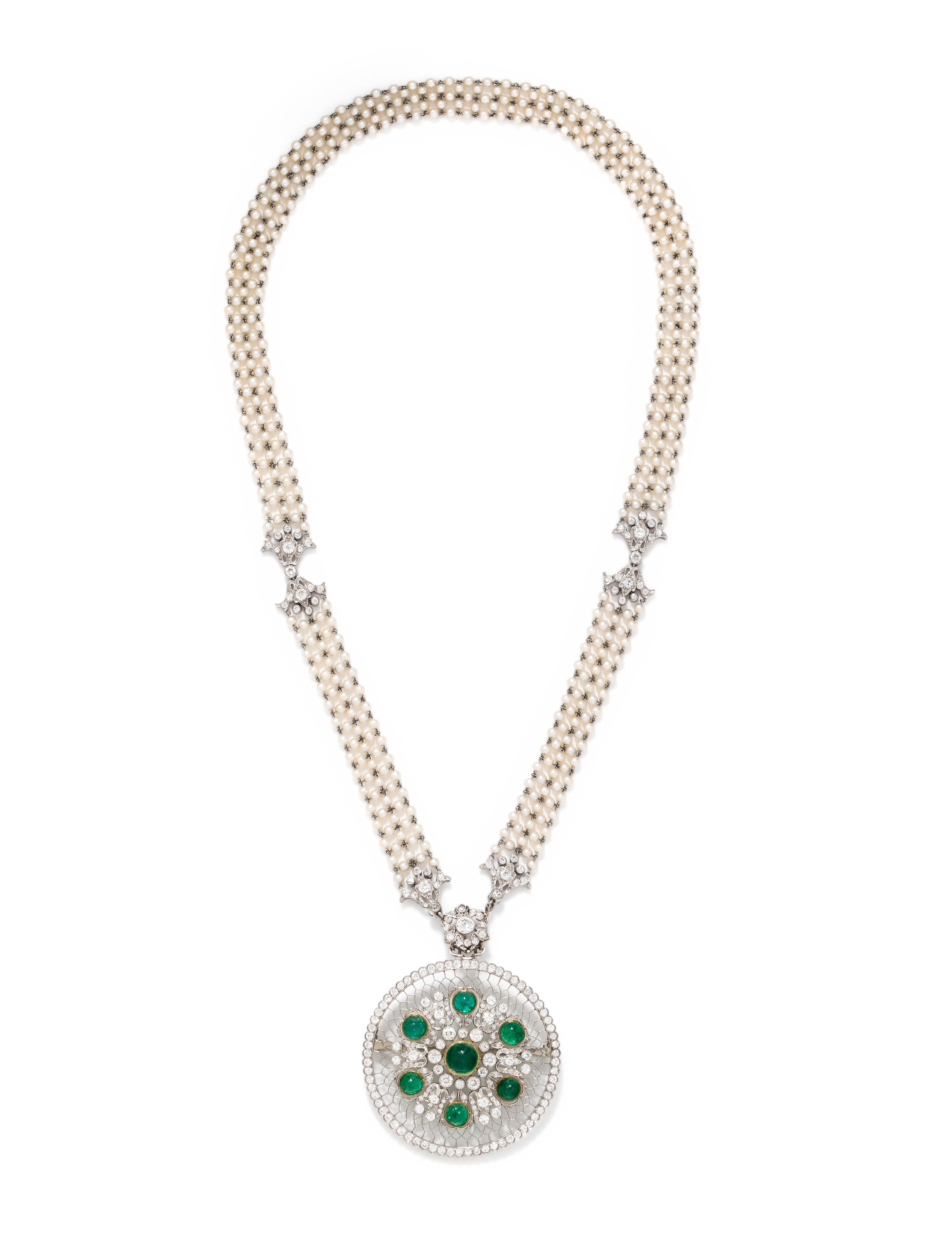 EDWARDIAN, EMERALD, DIAMOND AND SEED PEARL CONVERTIBLE PENDANT/NECKLACE