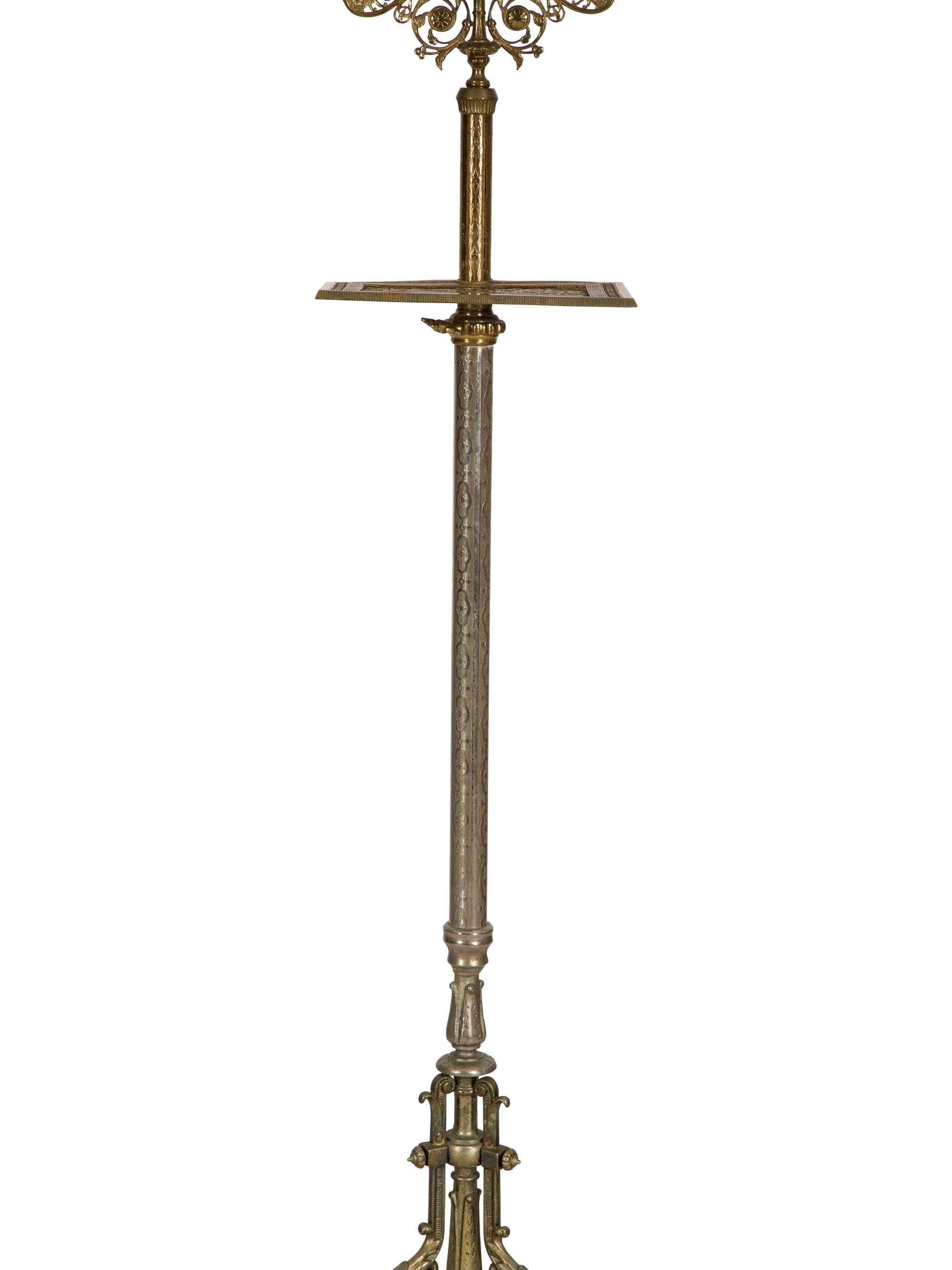 A Victorian Style Cast Brass Shaving Mirror on Adjustable Tripod Floor Stand with Shelf — 19th/20th Century