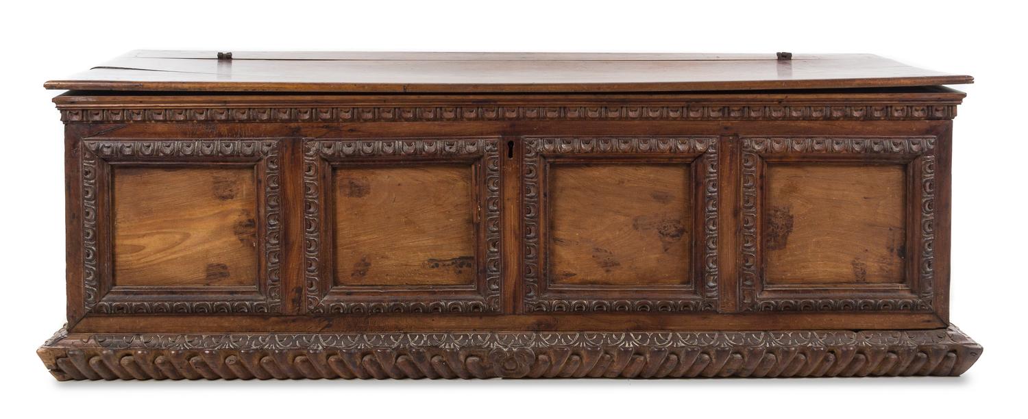 A Florentine Walnut Cassone Height 22 1/2 x width 68 x depth 22 inches. — 17TH CENTURY AND LATER