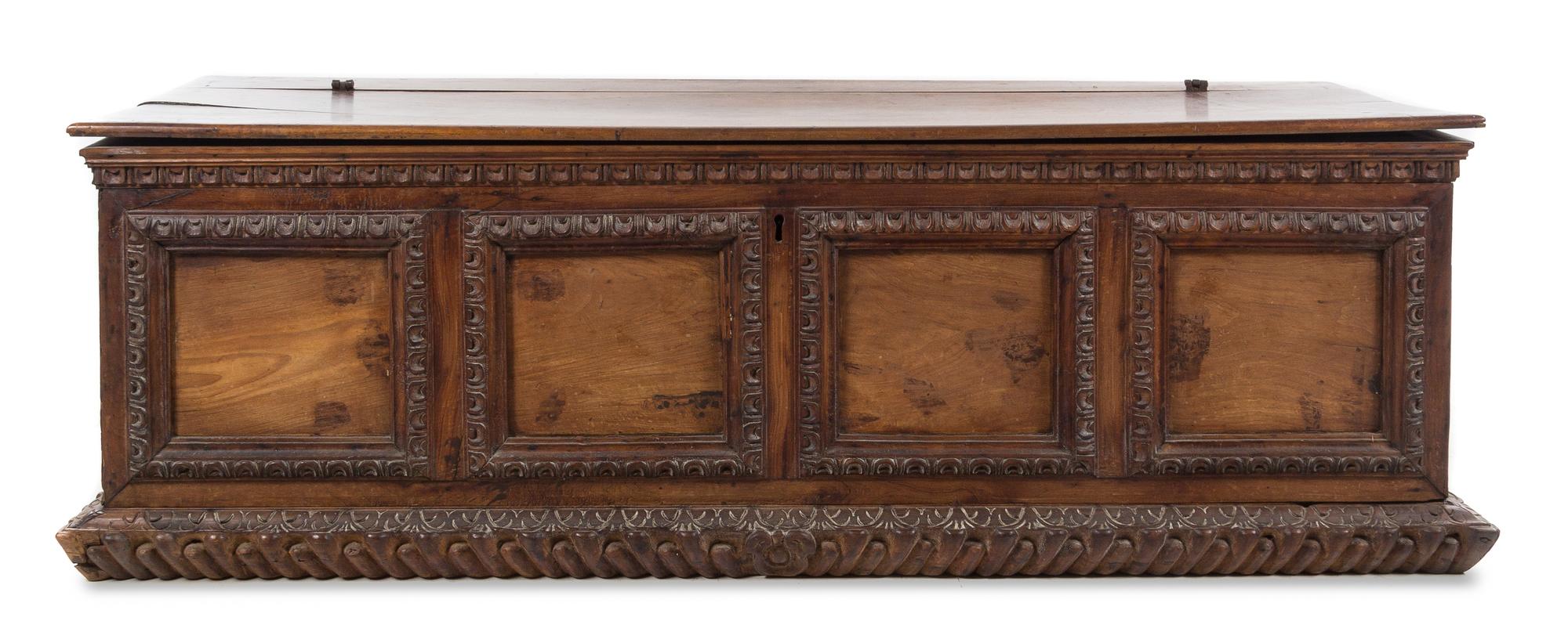 A Florentine Walnut Cassone Height 22 1/2 x width 68 x depth 22 inches. — 17TH CENTURY AND LATER