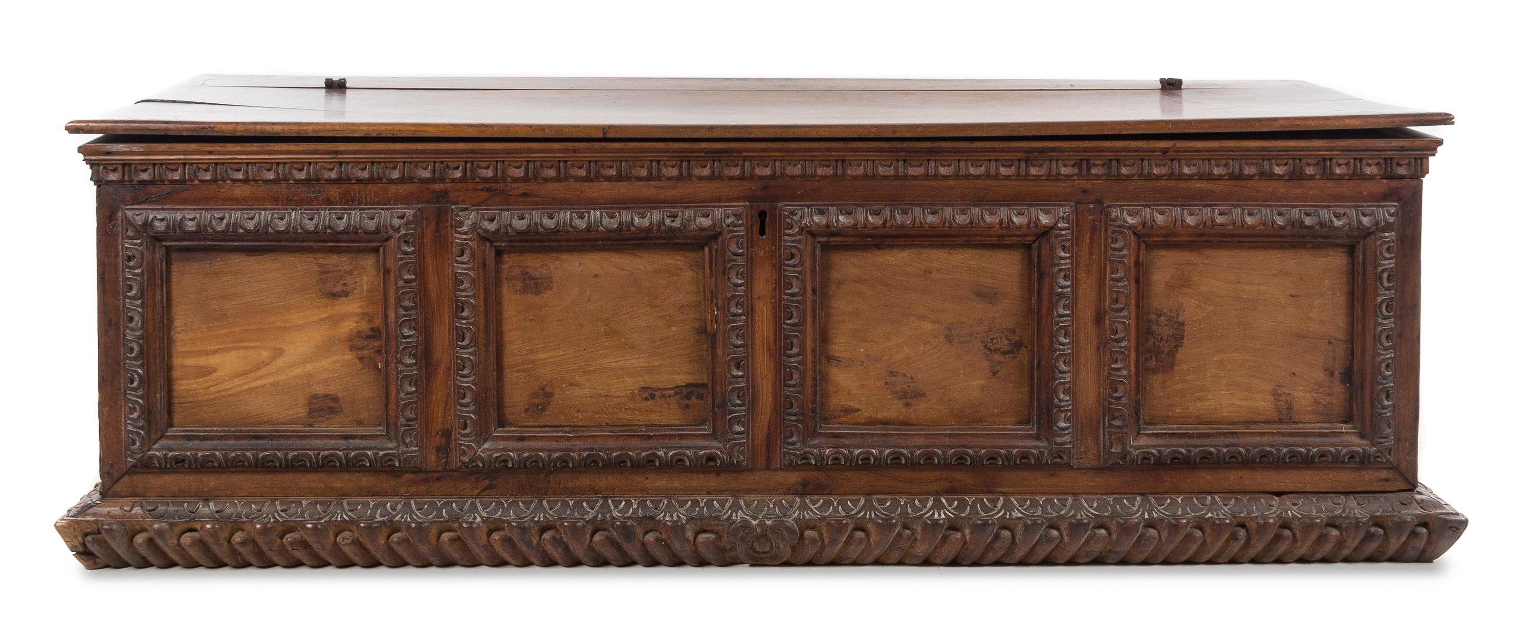A Florentine Walnut Cassone Height 22 1/2 x width 68 x depth 22 inches. — 17TH CENTURY AND LATER