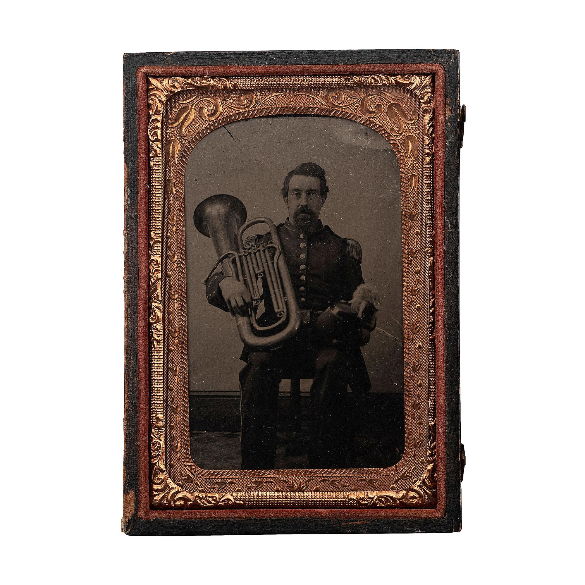 [CIVIL WAR]. Tintype of Union musician with bass upright horn. N.p.: n.p., [1860s].