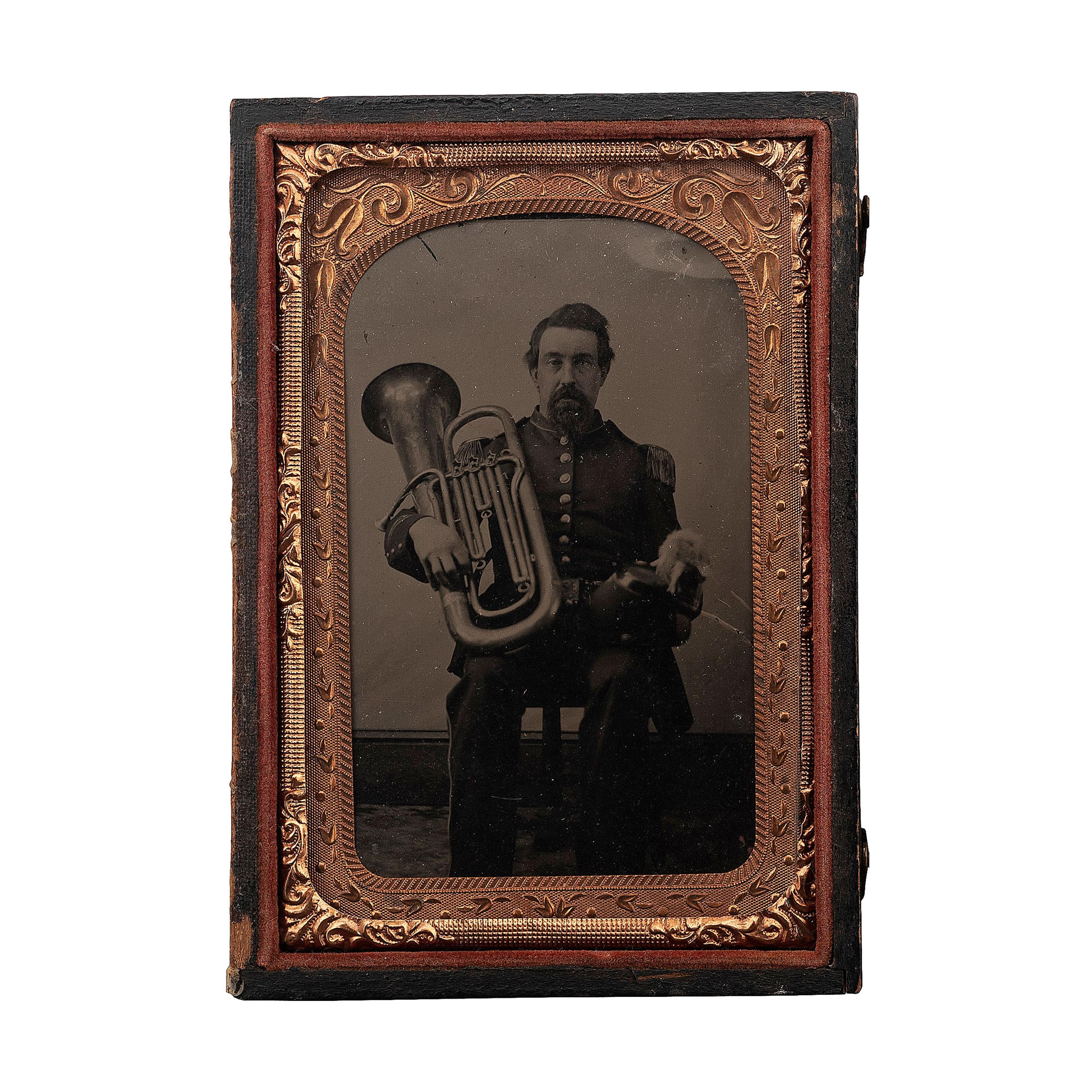 [CIVIL WAR]. Tintype of Union musician with bass upright horn. N.p.: n.p., [1860s].