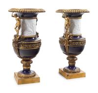 A Pair of French Gilt Bronze Mounted Bisque and Cobalt Glazed Porcelain Urns