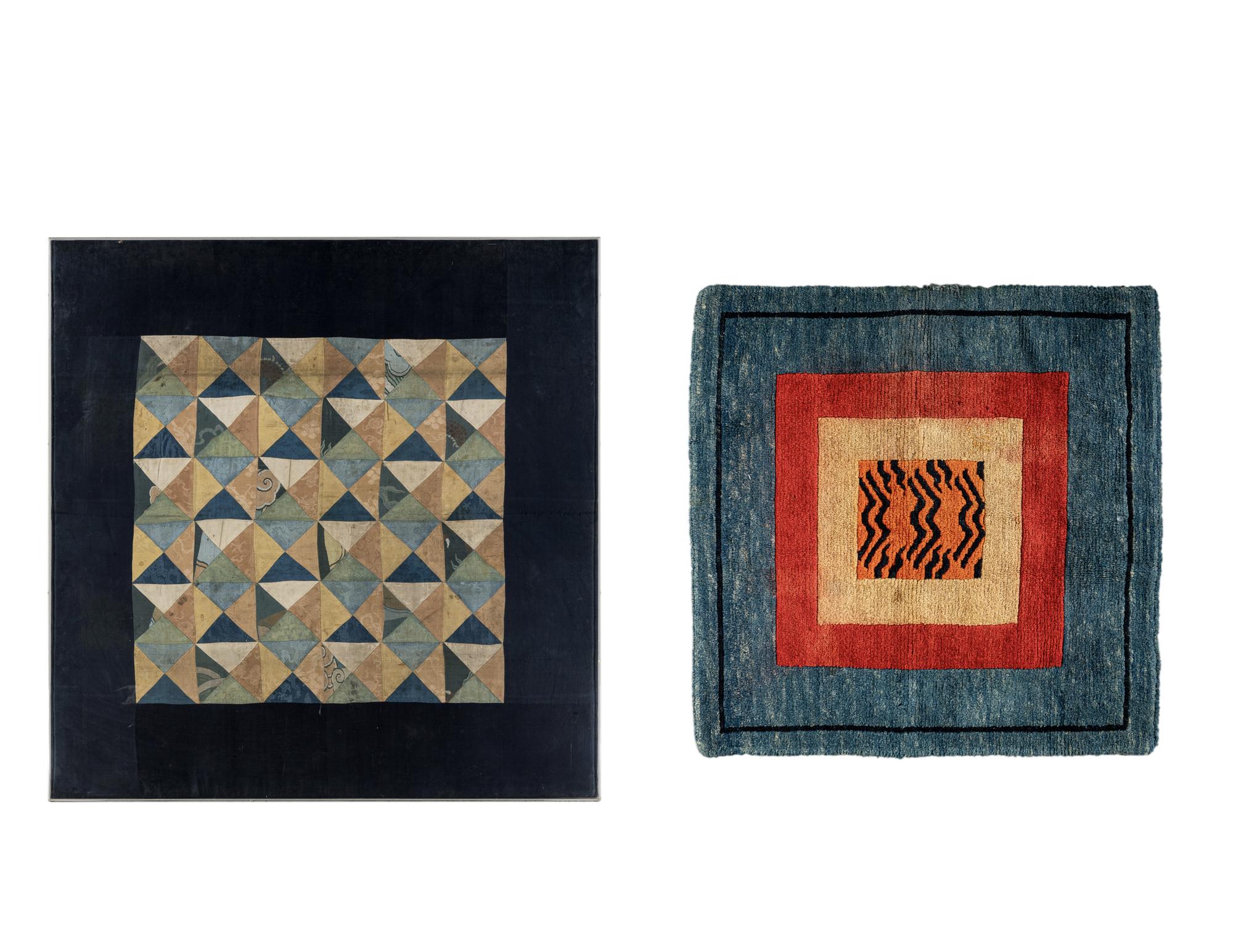 A Tibetan Silk Patchwork Offering Cloth and A Tibetan Rug