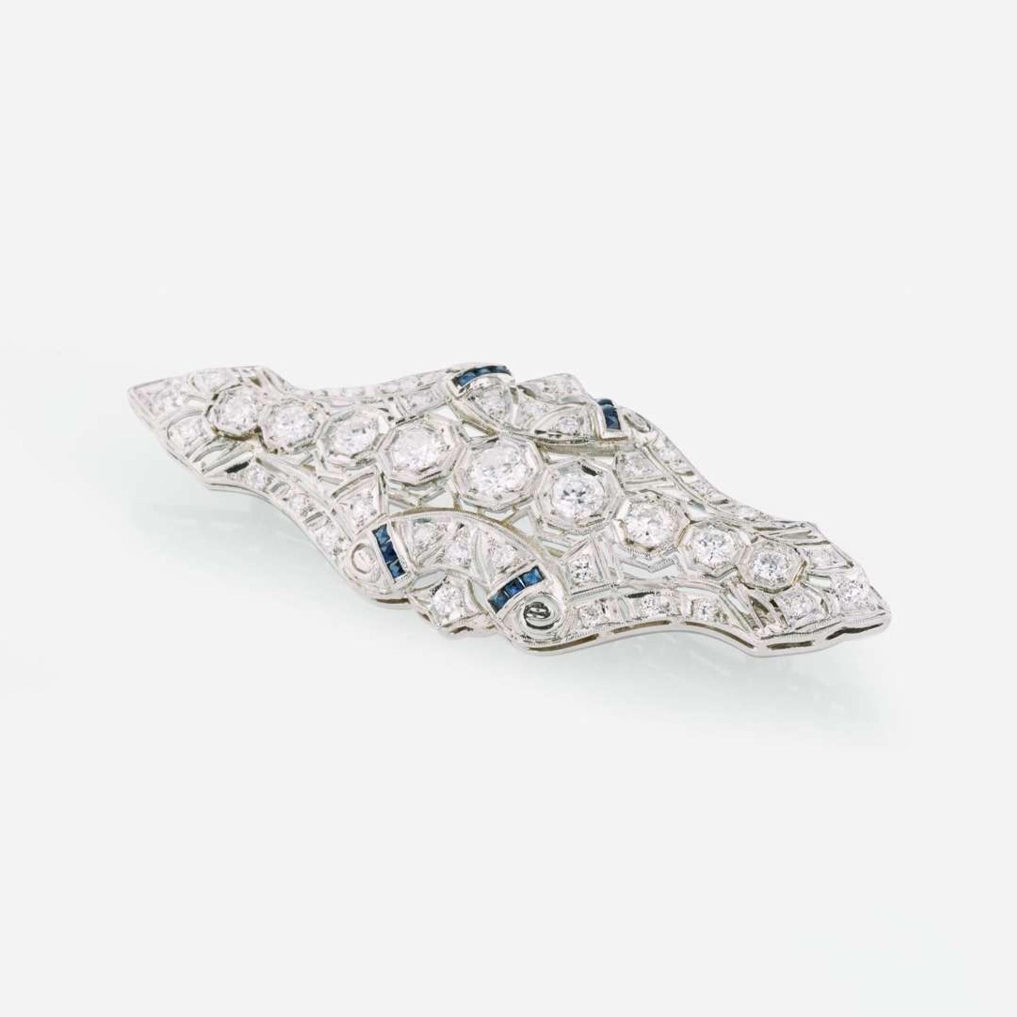 Art Deco 14K White Gold, Diamond, and Sapphire Pendant