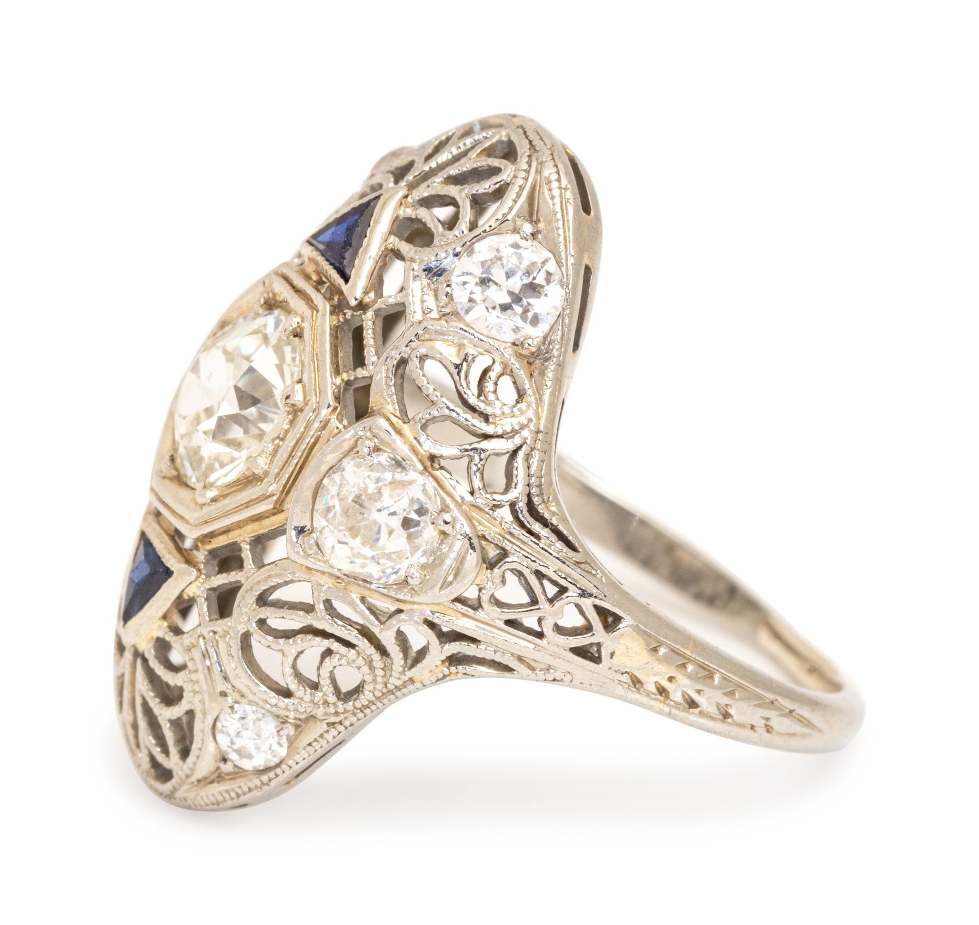An Art Deco 18 Karat White Gold, Diamond and Synthetic Sapphire Ring,