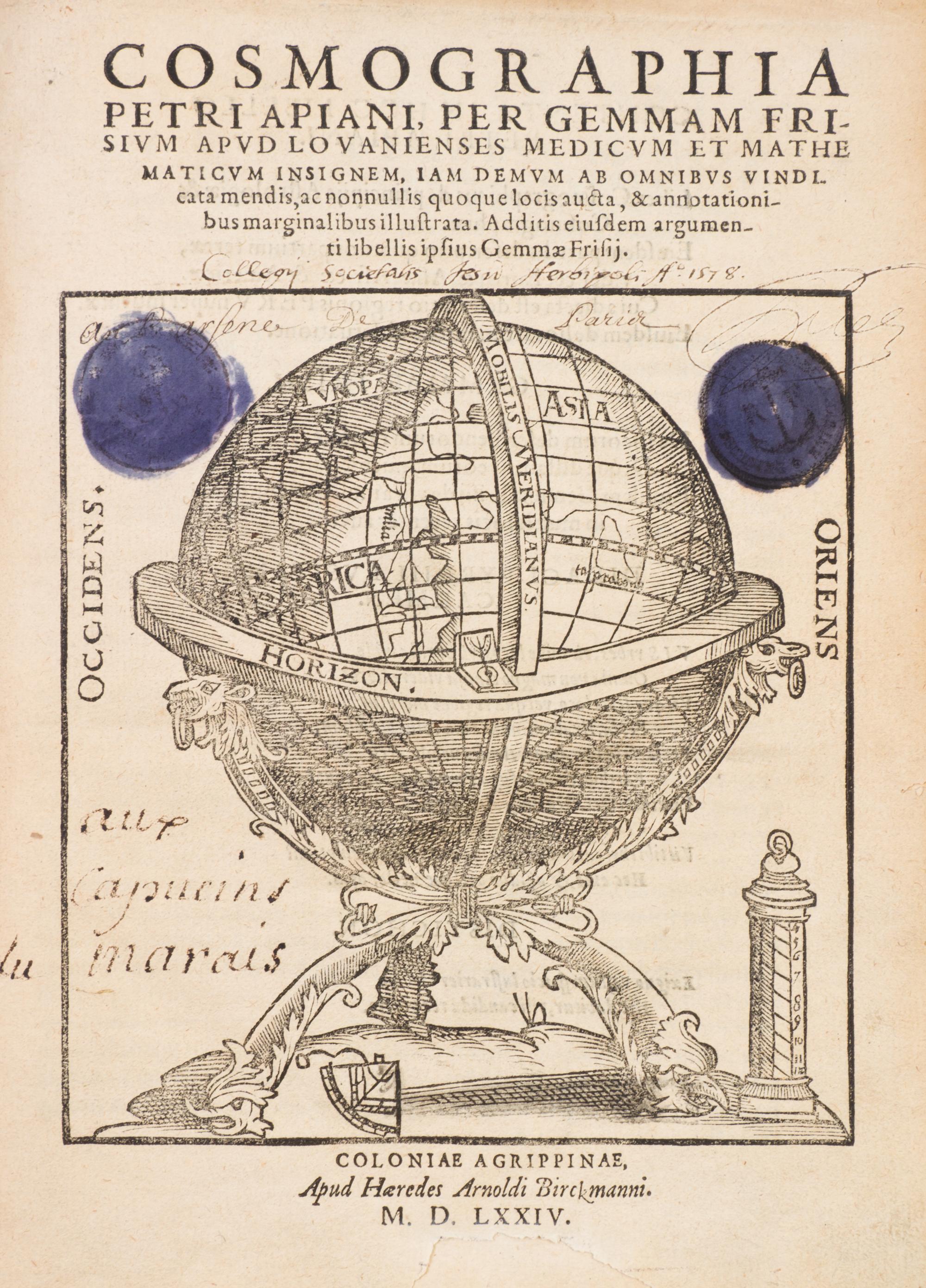 (ASTRONOMY) APIANUS, PETRUS. Cosmographia. Cologne, 1574. With 5 plates, 4 with volvelles.