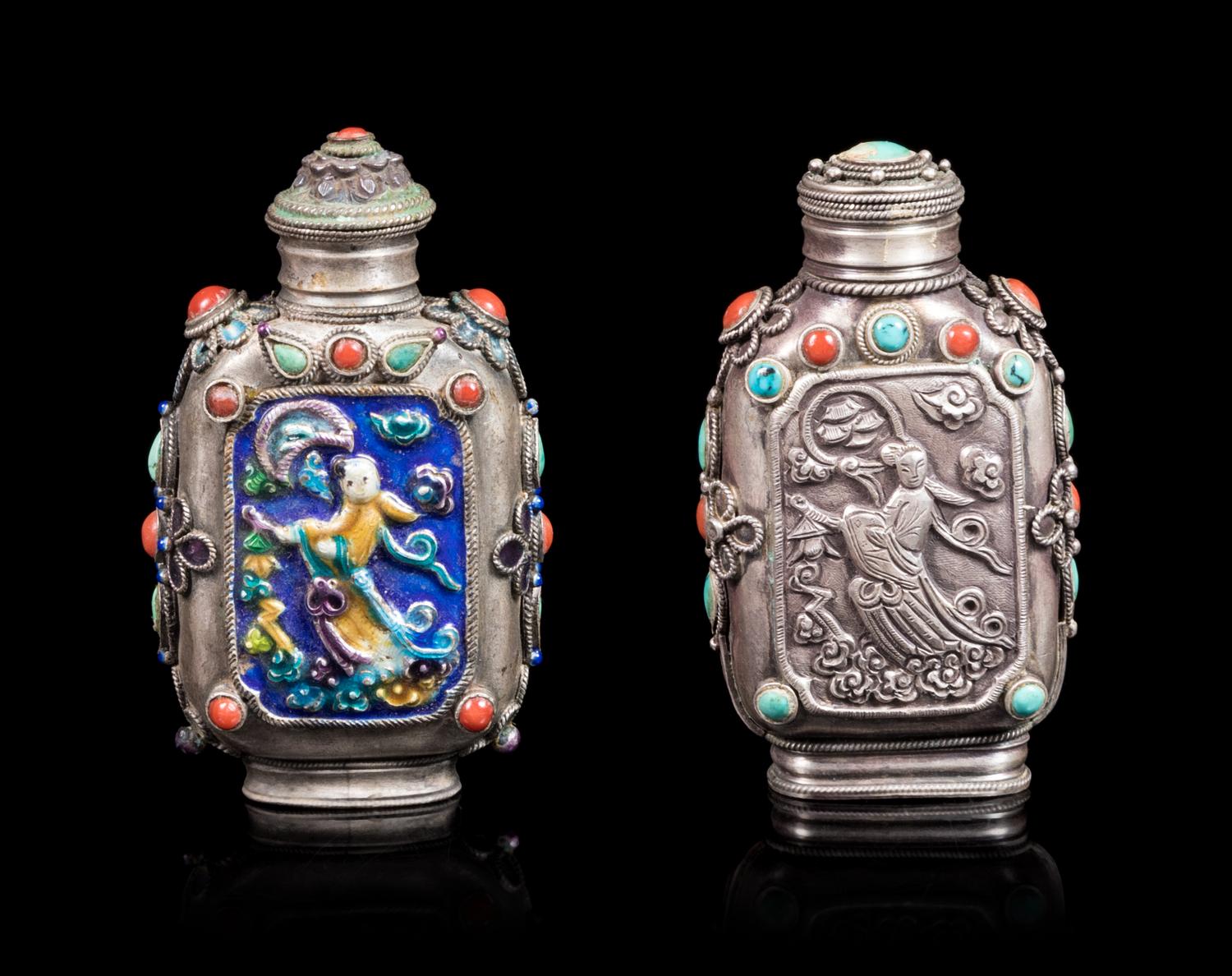Two Tibetan Hardstone Silver Snuff Bottles Height of tallest 3 1/8 inches. — 19TH CENTURY