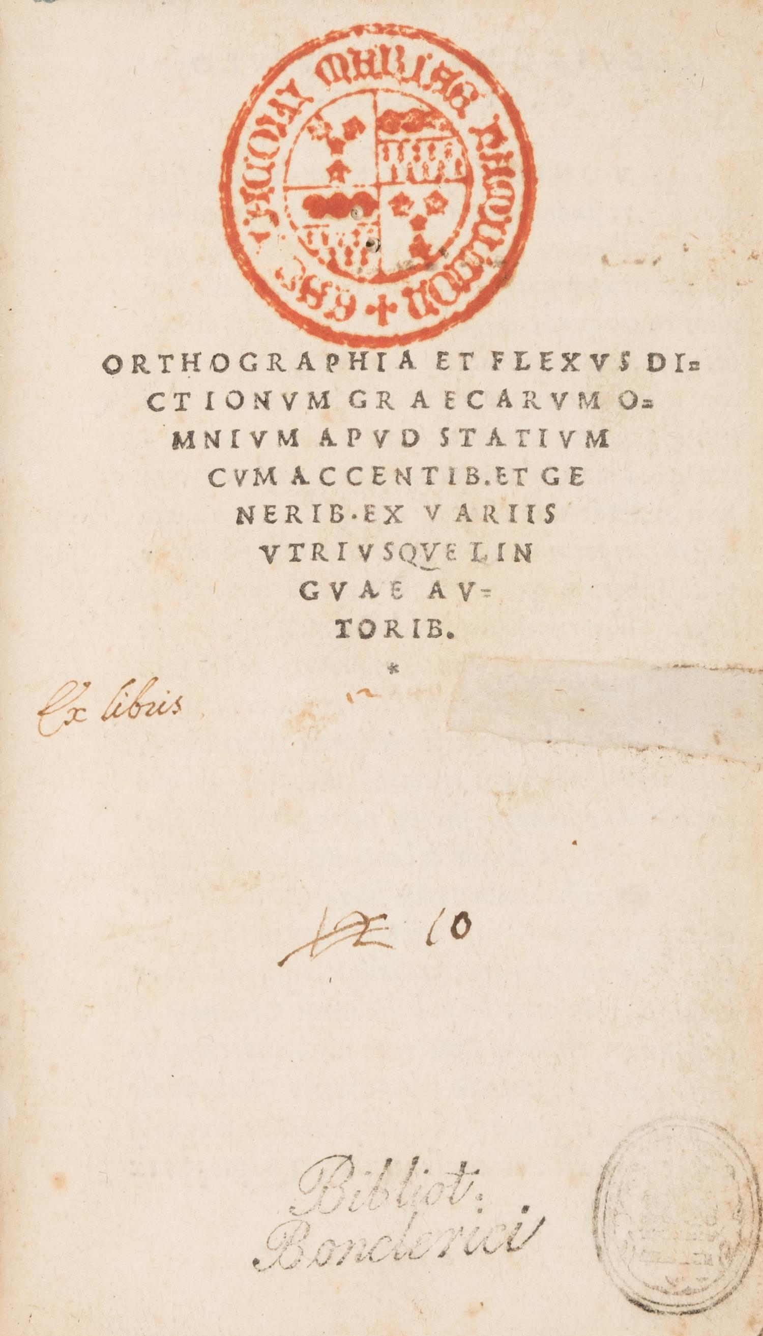 [Early Printing] Statius. Orthographia et Flexus dictionum graecarum omnium apud Statium
