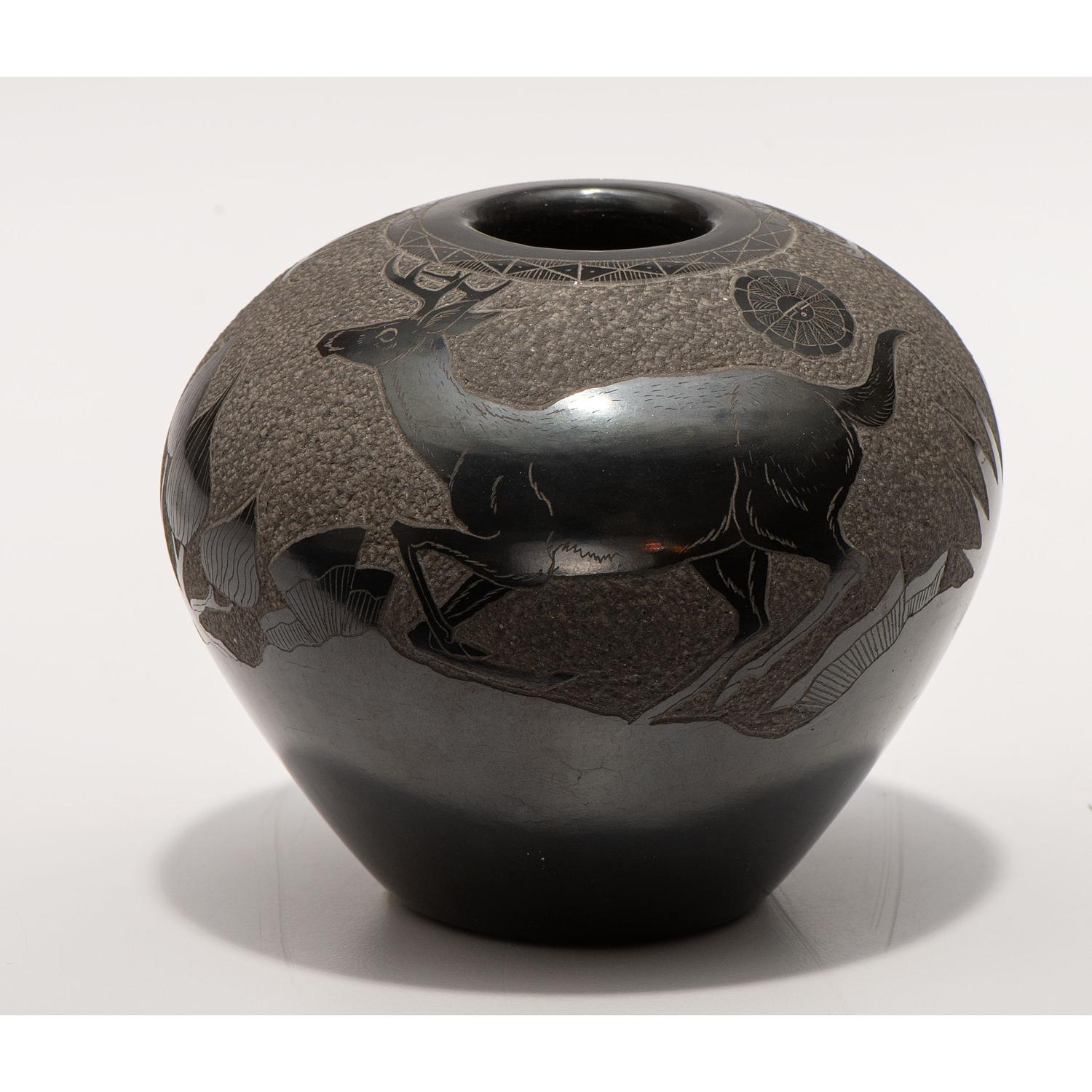 Blackware Sgraffito Pottery Jar, with Deer