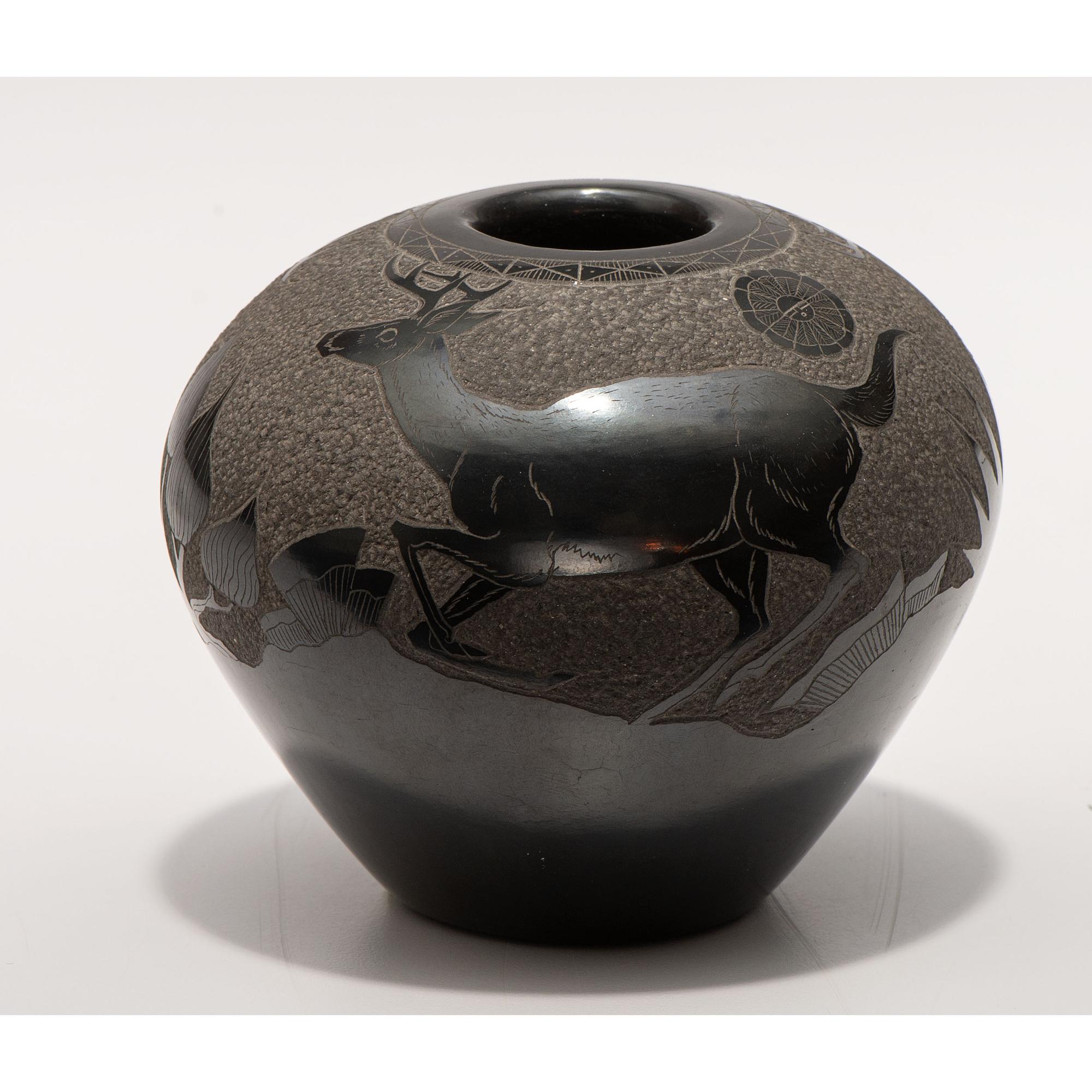 Blackware Sgraffito Pottery Jar, with Deer