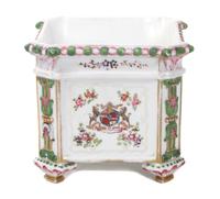 An English Armorial Porcelain Cache Pot Height 6 x width 7 x depth 7 inches