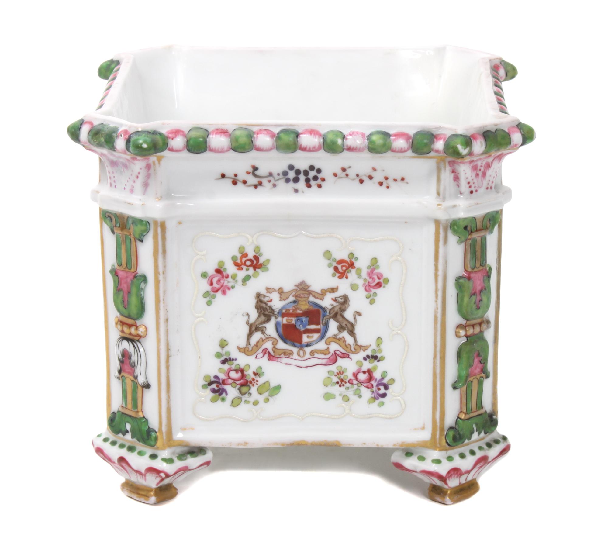 An English Armorial Porcelain Cache Pot Height 6 x width 7 x depth 7 inches