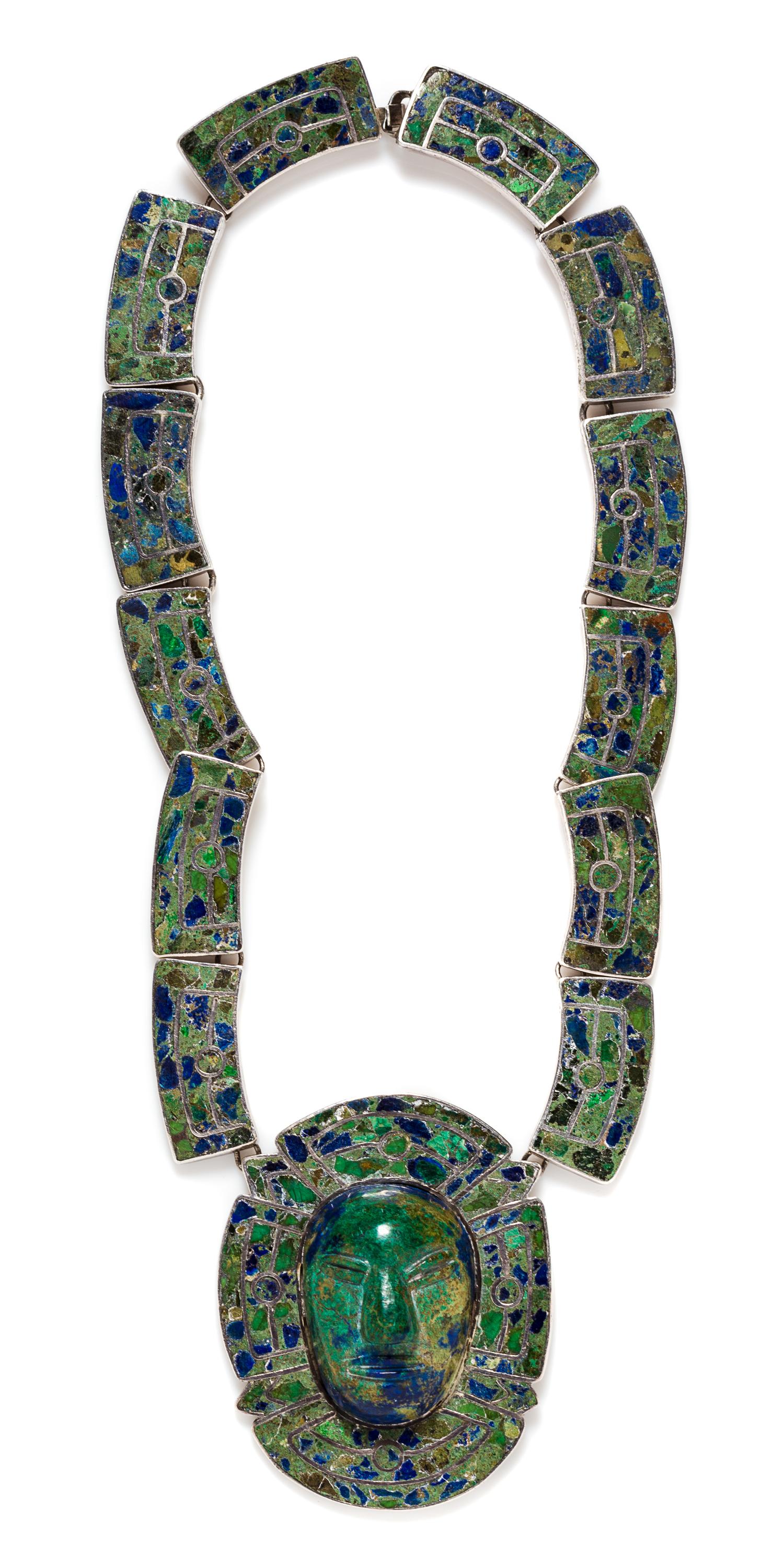 A Sterling Silver and Azurmalachite Chip Inlay Warrior Motif Necklace, Taxco, Pre-1948, 107.90 dwts.