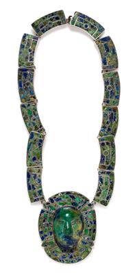A Sterling Silver and Azurmalachite Chip Inlay Warrior Motif Necklace, Taxco, Pre-1948, 107.90 dwts.