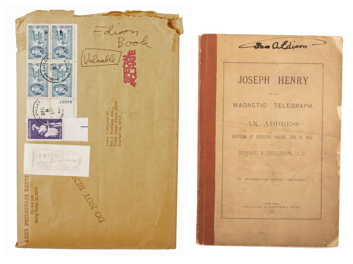 EDISON, Thomas A. (1847-1931). Joseph Henry and the Magnetic Telegraph: An Address delivered at Princeton College, June 16, 1885, by Edward N. Dickerson . New York: Charles Scribner's Sons, 1885. Twice signed by Edison.