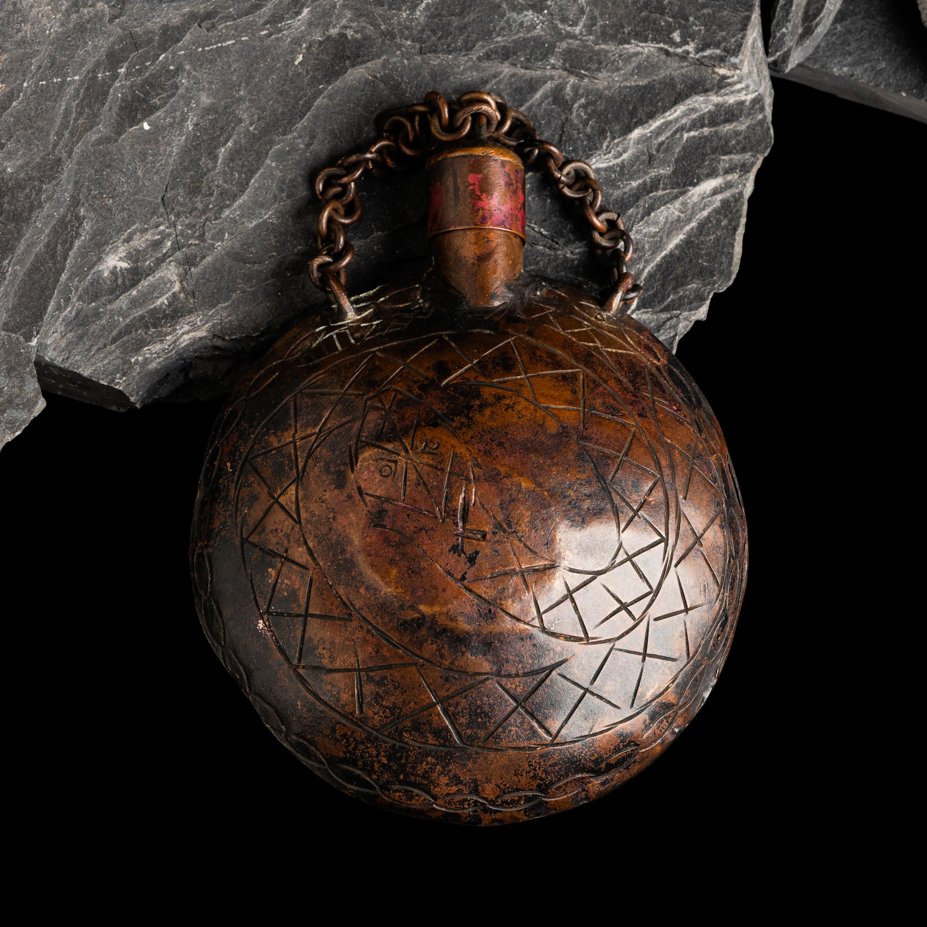 Navajo or Pueblo Copper Canteen, with Engraved Rattlesnakes
