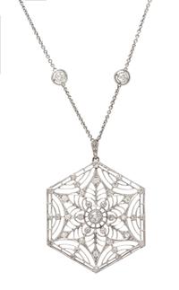 An Art Deco Platinum and Diamond Pendant Necklace, 12.90 dwts.