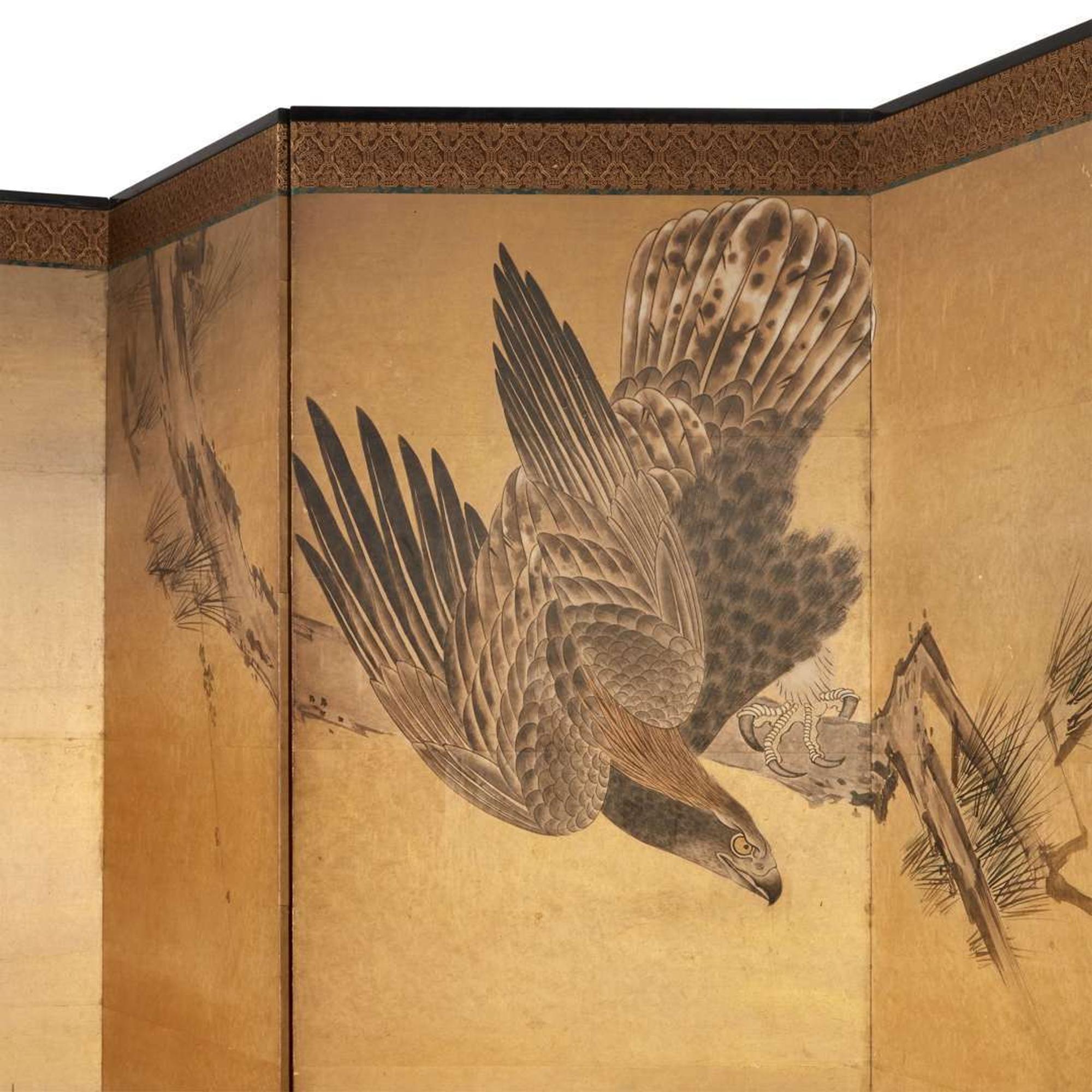 A Japanese six-panel "Eagle and Monkey" screen Edo-Meiji period