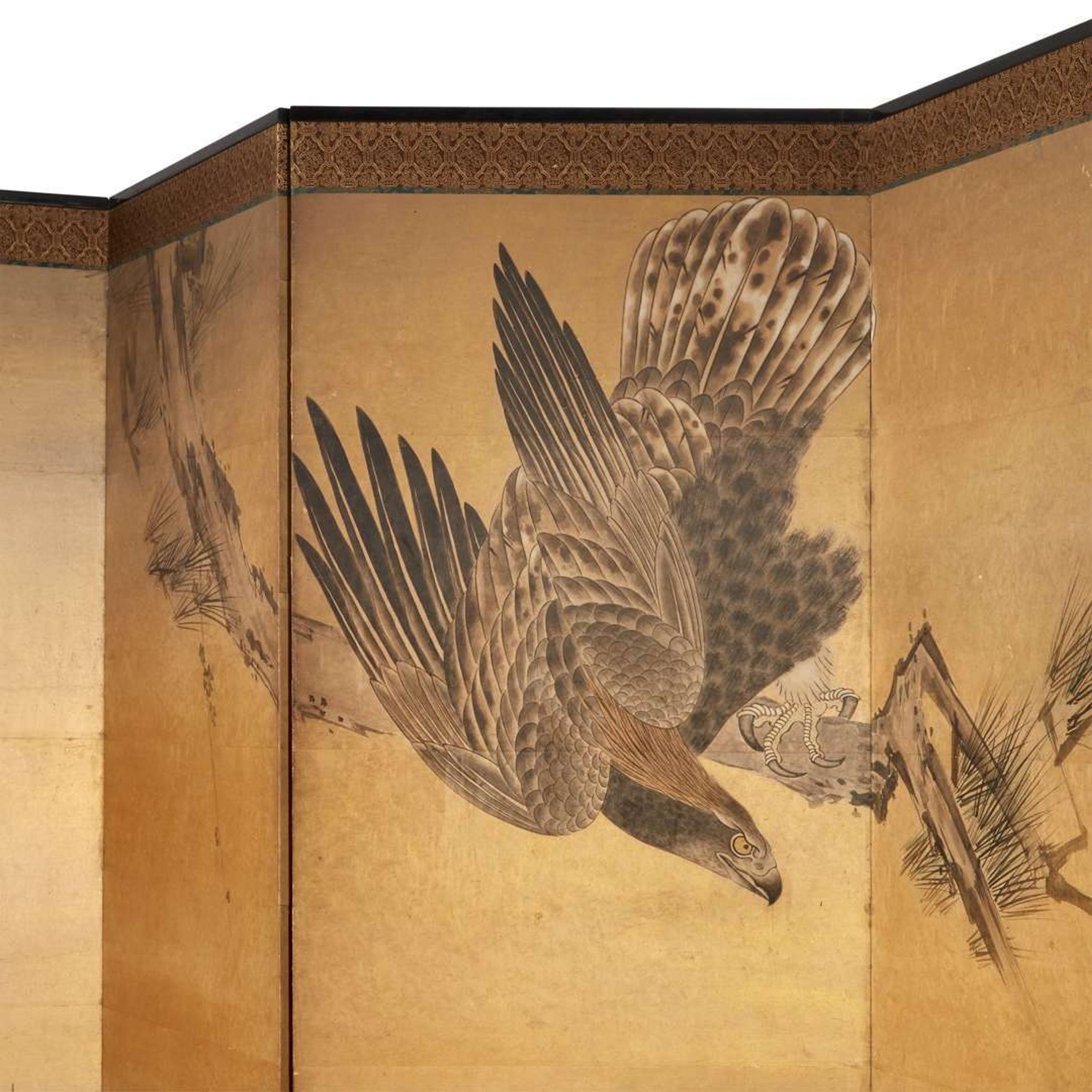 A Japanese six-panel "Eagle and Monkey" screen Edo-Meiji period