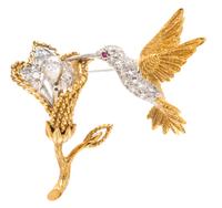 An 18 Karat Yellow Gold, Platinum, Diamond and Ruby en Tremblant Brooch, 6.40 dwts.