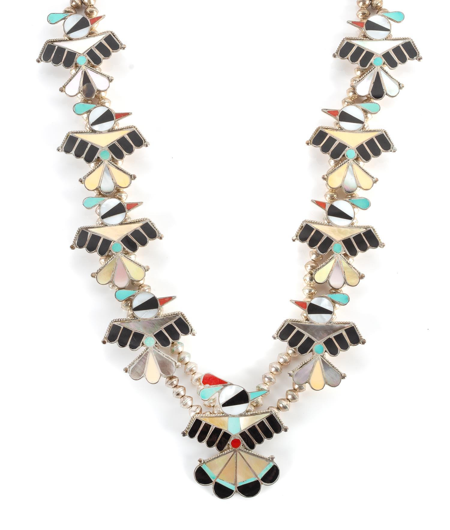 Zuni Mosiac Inlay Thunderbird Necklace Length 27 inches