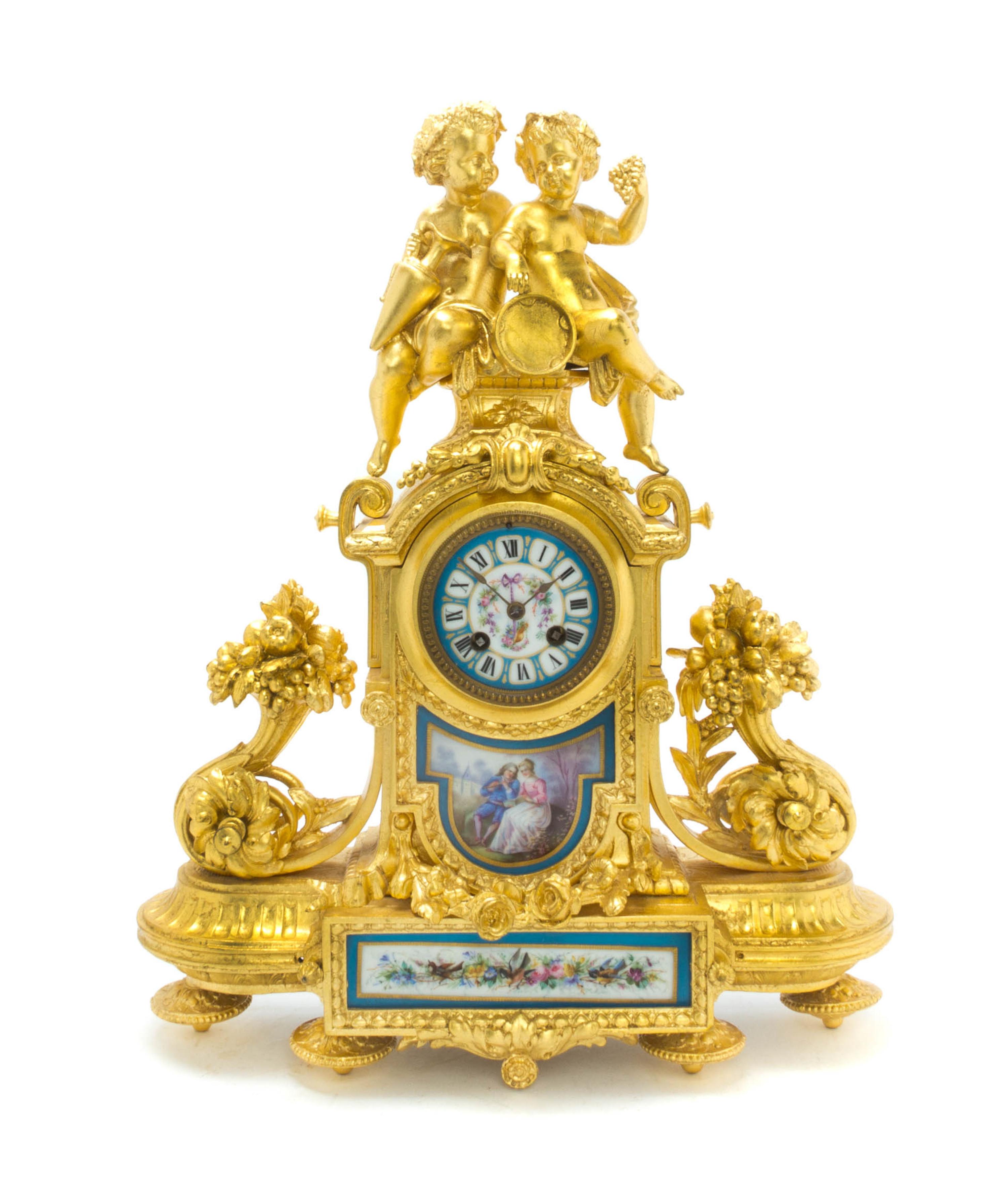 A Louis XVI Style Gilt Metal and Sevres Style Porcelain Mounted Figural Mantel Clock, Height 19 1/8 inches.