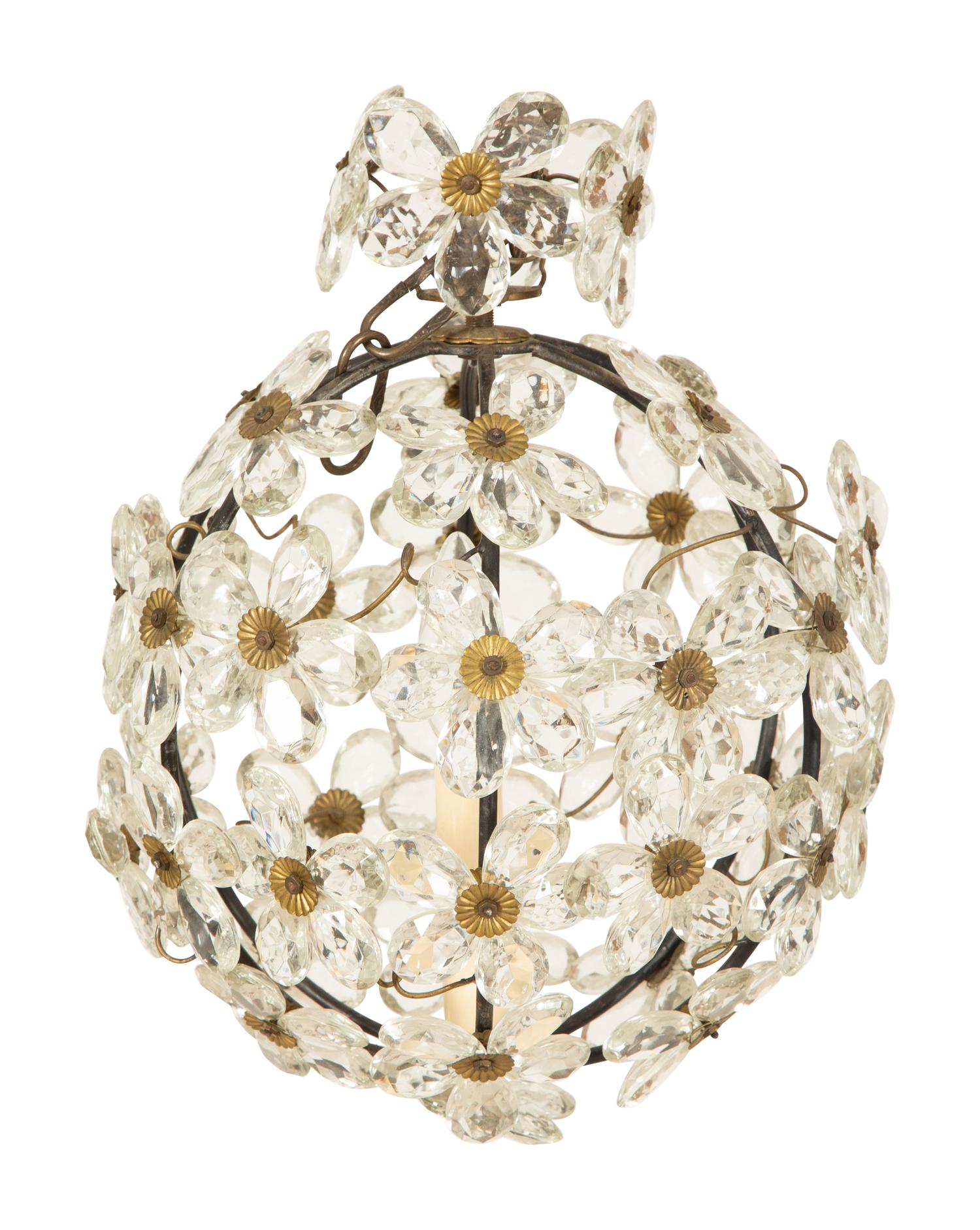 A Small Globe-Form Glass and Metal Chandelier with Floral Design