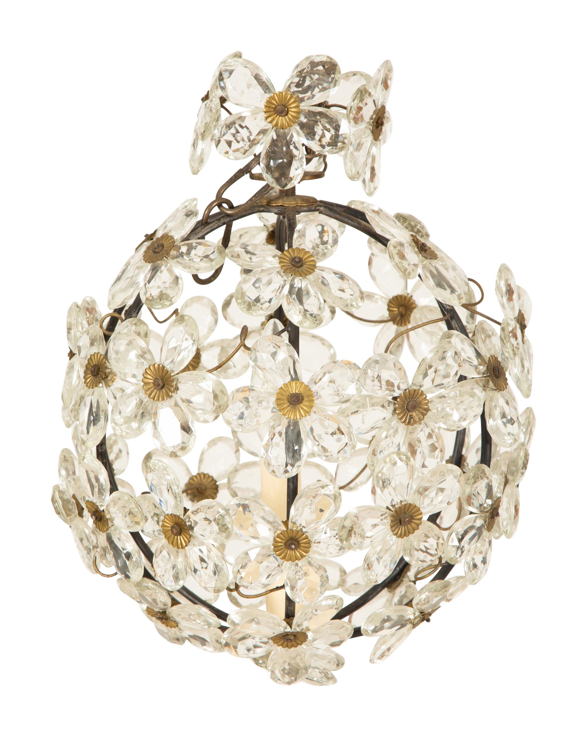 A Small Globe-Form Glass and Metal Chandelier with Floral Design