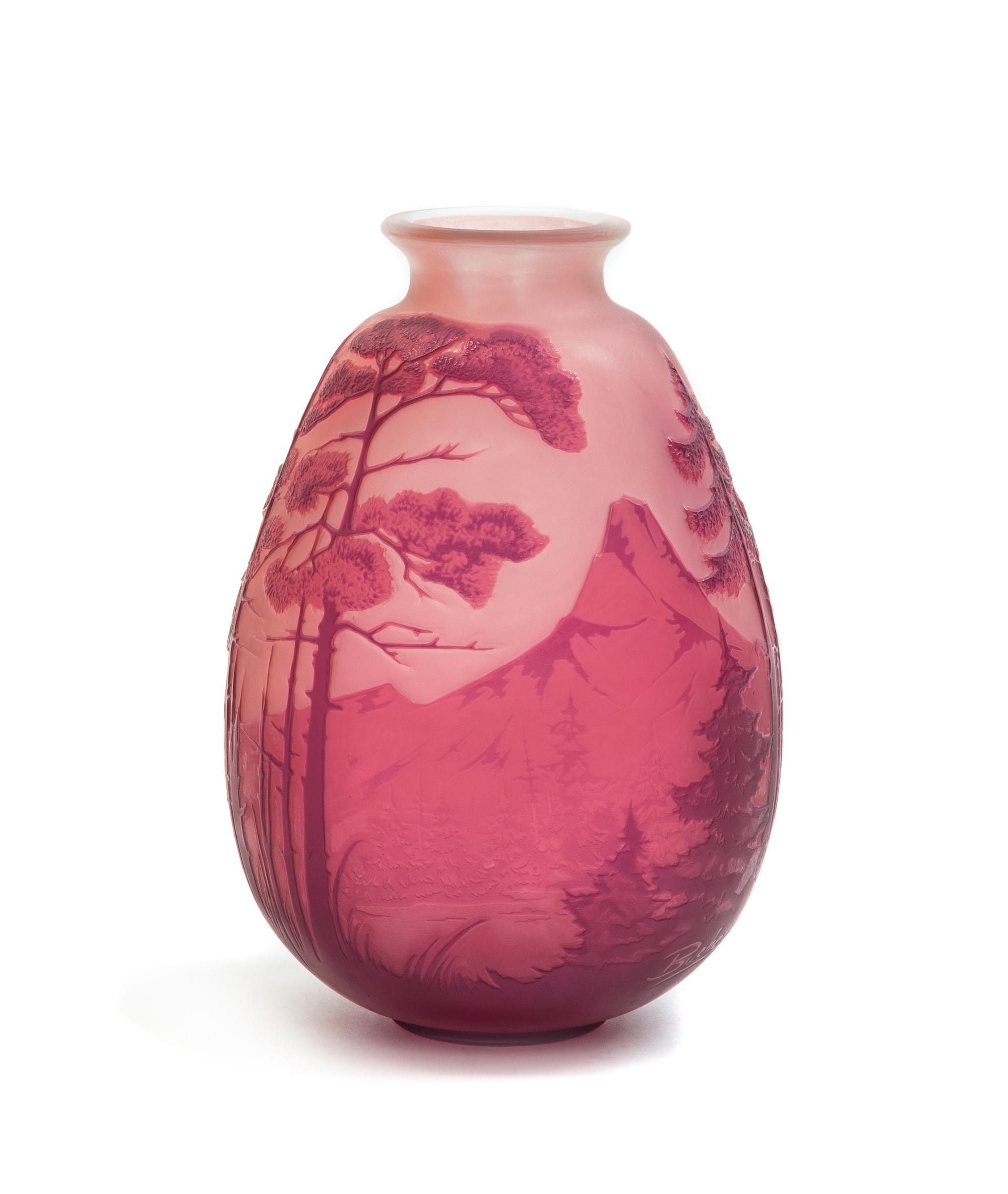 Bucherer, , a cameo glass vase, of flattened ovoid form with flared mouth, decorated with a continuous mountain landscape