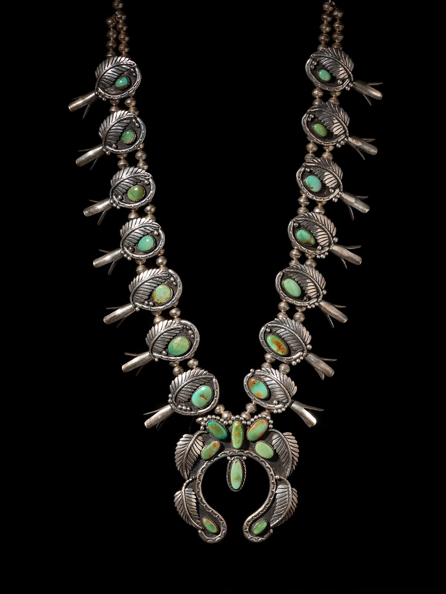 Navajo Silver and Turquoise Squash Blossom Necklace