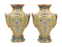 A Pair of Chinese Yellow Ground Cloisonné Enamel Vases