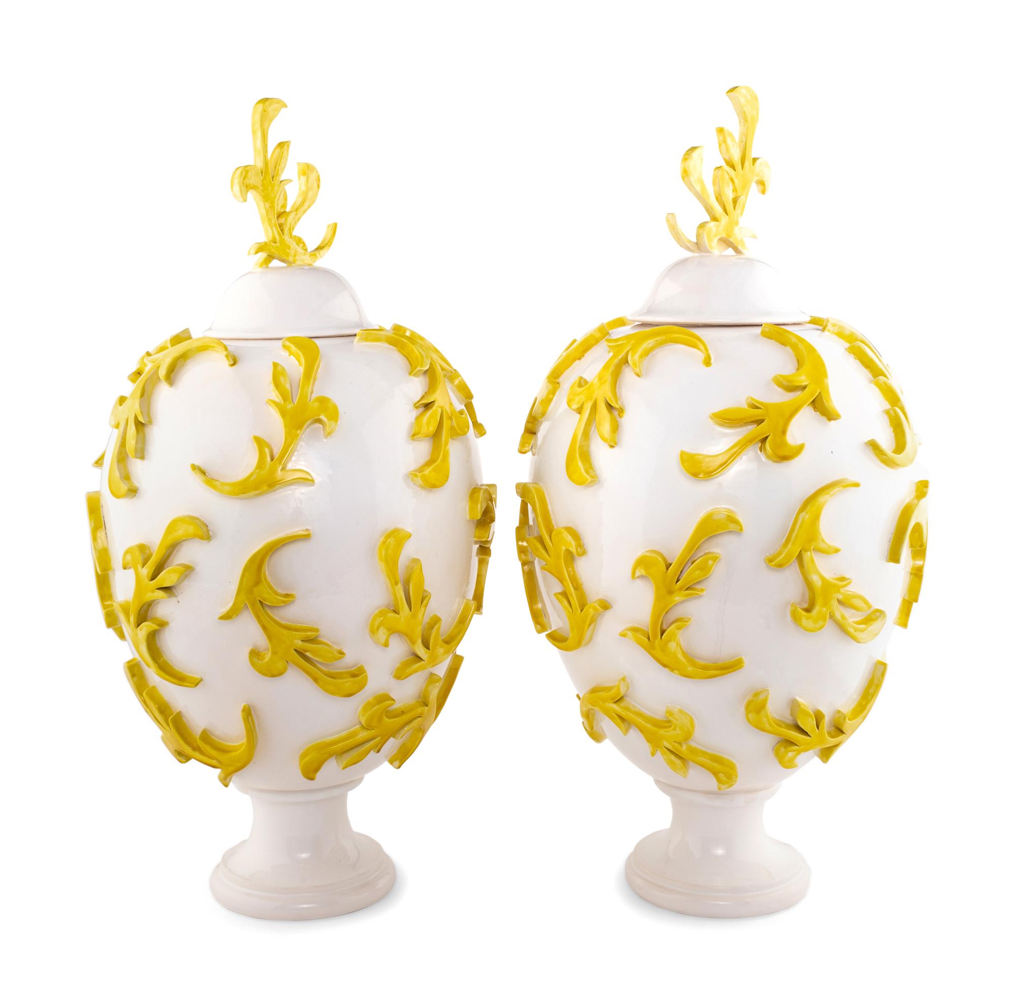 A Pair of White and Yellow Glazed Ceramic Urns by Jean-Jacques Roger
