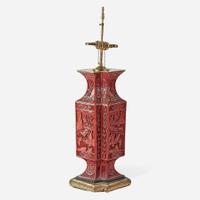 A Chinese carved cinnabar lacquer double vase, mounted as lamp the lacquer 19th Century or later