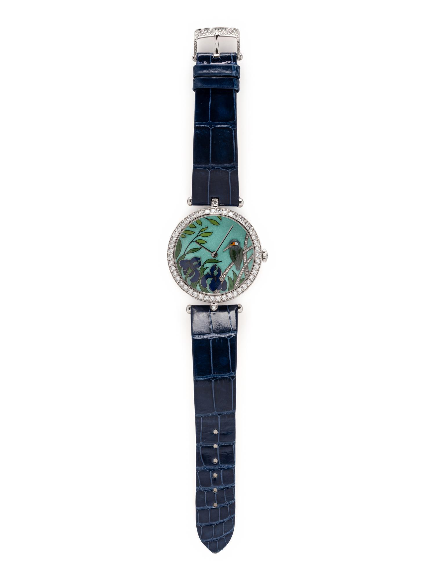 VAN CLEEF & ARPELS, WHITE GOLD, ENAMEL AND DIAMOND 'LADY ARPELS CHANCE MARTIN-PÊCHEUR' WATCH, LIMITED SERIES 14 of 22