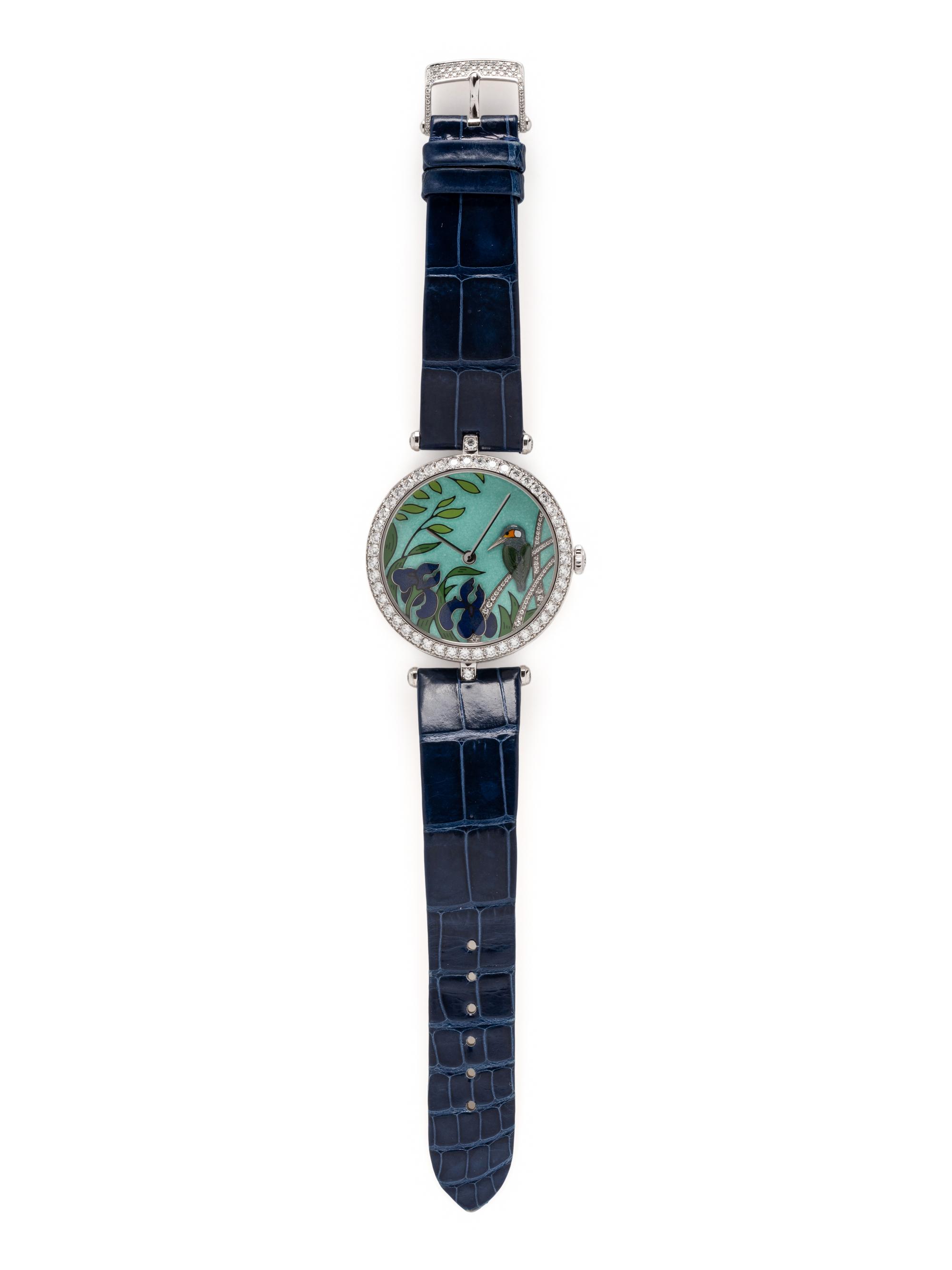 VAN CLEEF & ARPELS, WHITE GOLD, ENAMEL AND DIAMOND 'LADY ARPELS CHANCE MARTIN-PÊCHEUR' WATCH, LIMITED SERIES 14 of 22