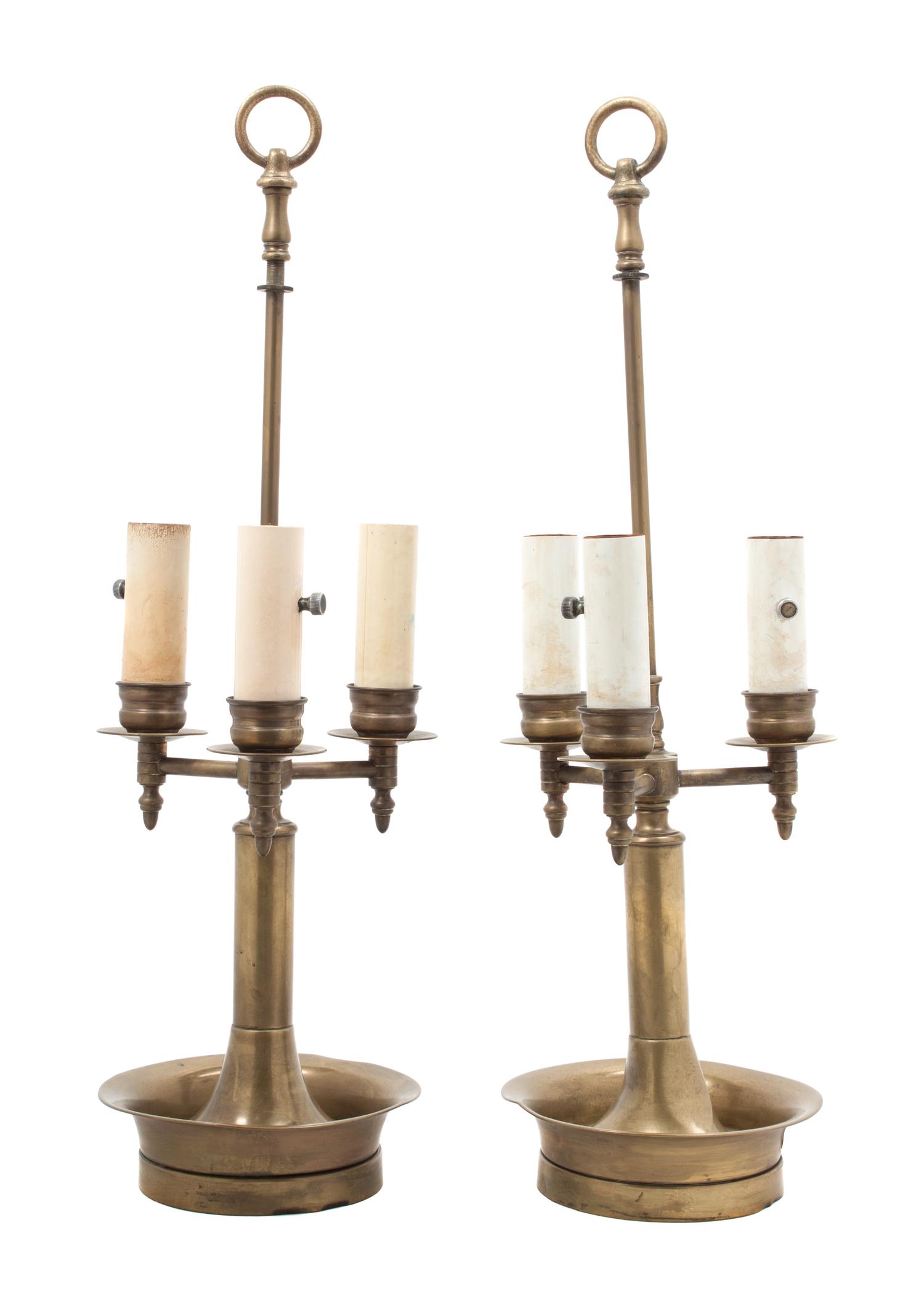 A Pair of Brass Three-Light Table Lamps Height overall 22 3/4 inches.
