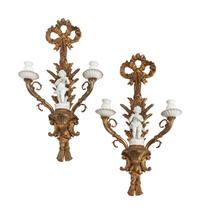 A Pair of Continental Gilt Bronze and Bisque Porcelain Two-Light Sconces