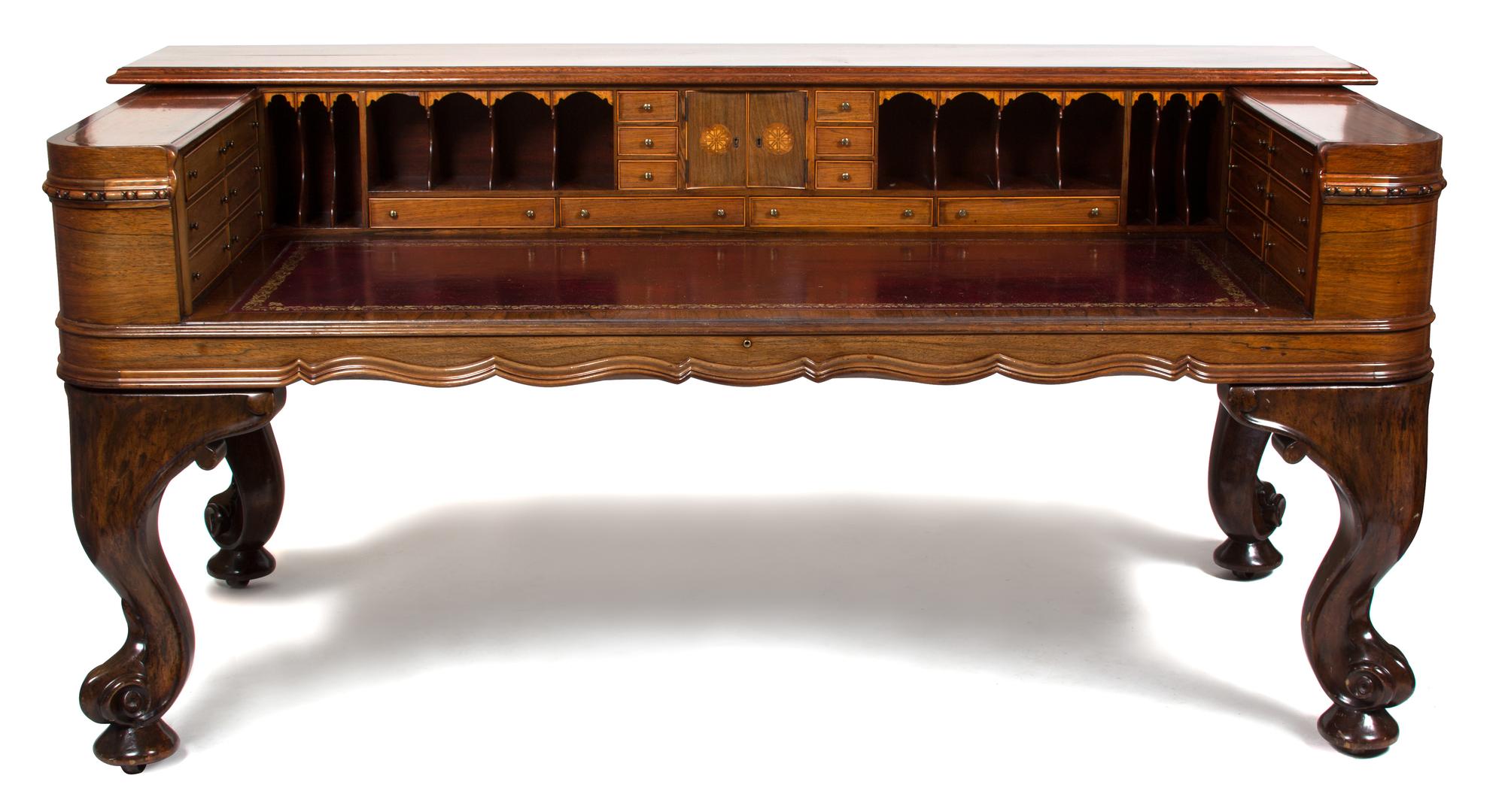 A Victorian Rosewood and Mahogany Spinet Piano-Form Desk Height 39 1/4 x length 84 x depth 39 1/2 inches. — 19TH CENTURY