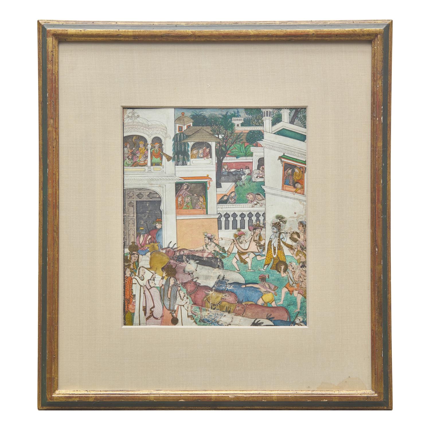 A Painting Depicting Krishna and the Hour of Cow Dust, India, Kangra Style, Late 19th/20th Century — 十九/二十世紀 康格拉派《黑天與牧牛人》圖
