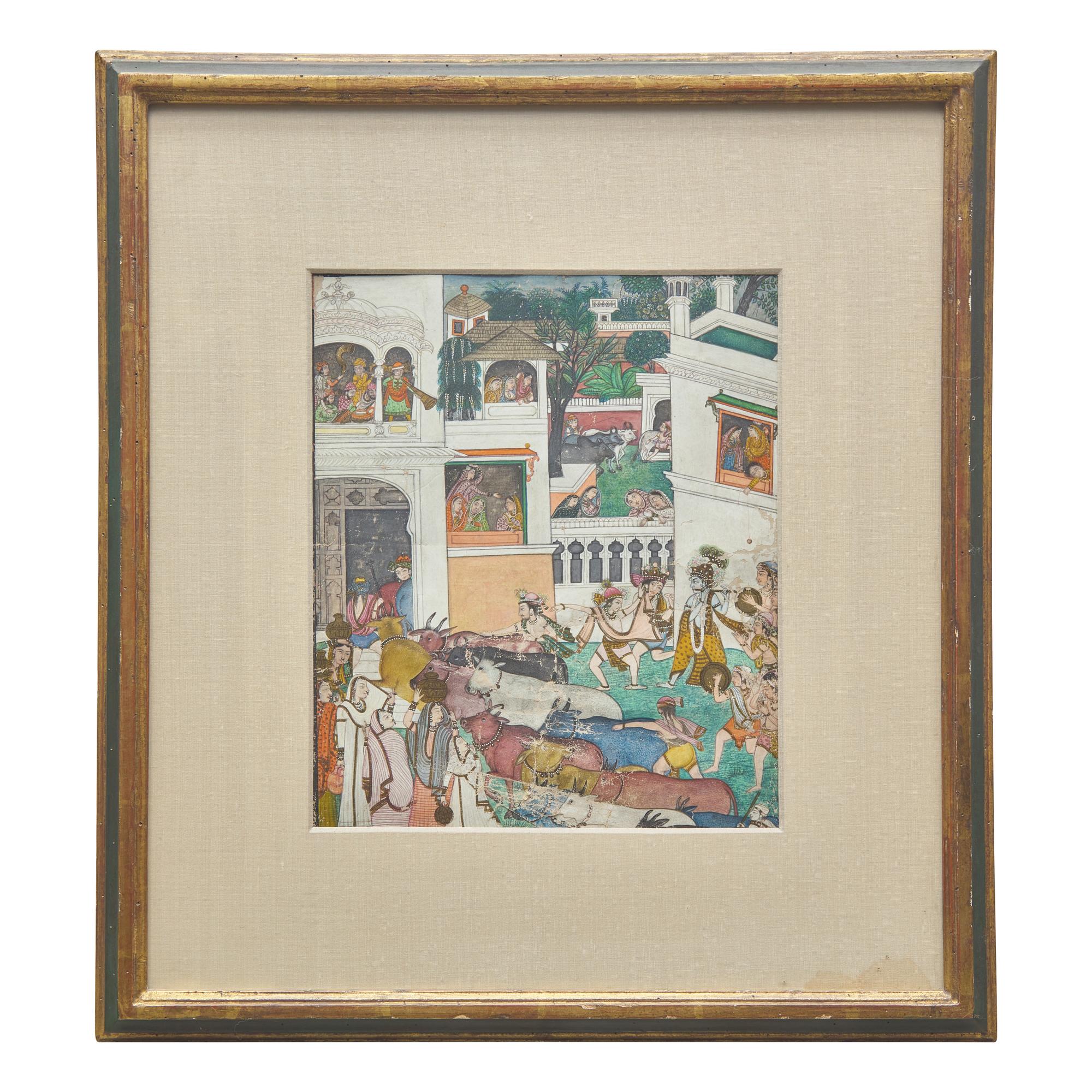 A Painting Depicting Krishna and the Hour of Cow Dust, India, Kangra Style, Late 19th/20th Century — 十九/二十世紀 康格拉派《黑天與牧牛人》圖