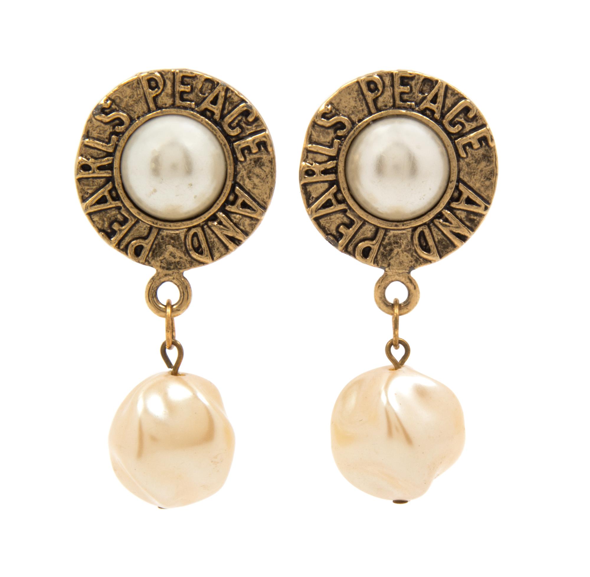 A Pair of Moschino "Peace and Pearls" Earclips, 2" x 1.25".