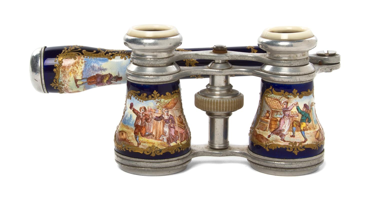A Pair of Continental Enameled Opera Glasses, Width 3 7/8 inches.